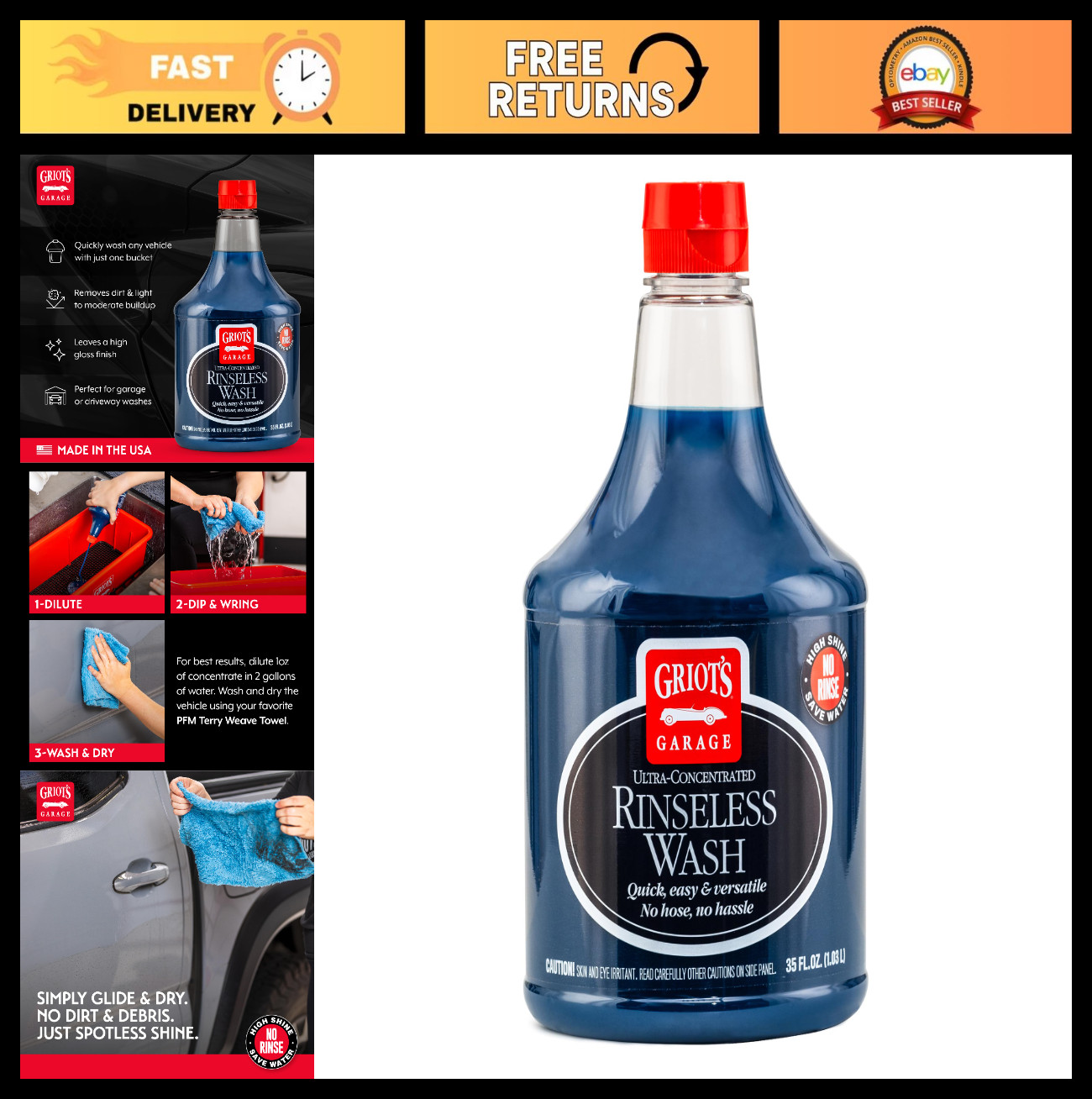 Rinseless Car Wash & Detailing Solution – No-Rinse Vehicle Cleaner, 35oz