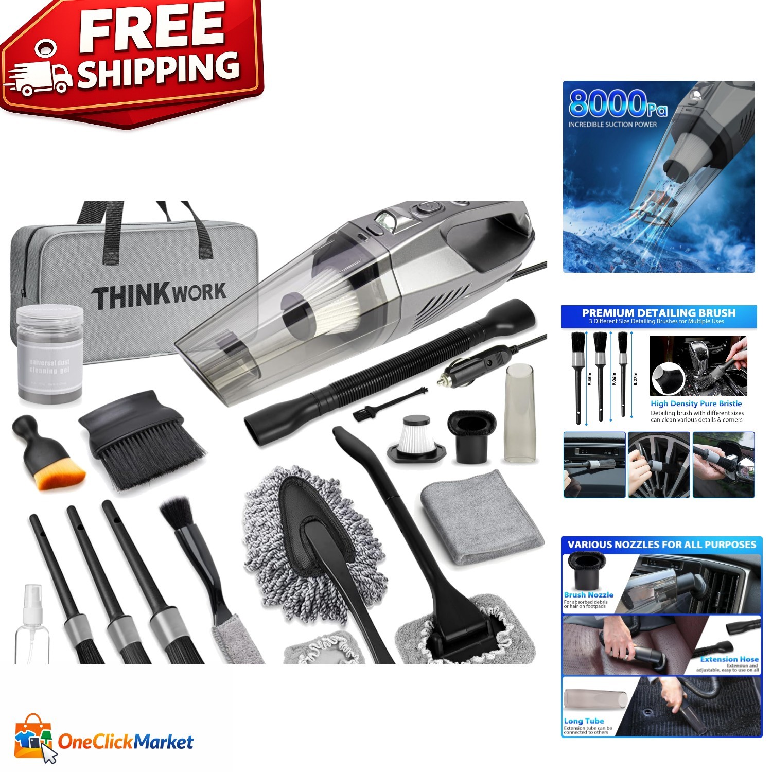 High-Power Car Vacuum with Detailing Brushes – Perfect for Spotless Interiors