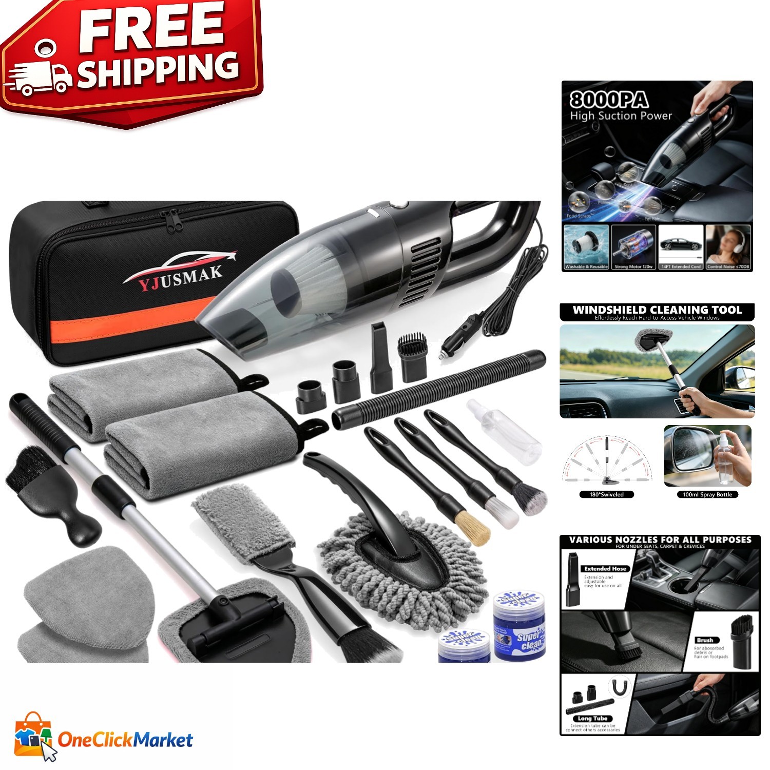 Complete 21PCS Car Interior Cleaning Kit – Portable Vacuum & Windshield Tool