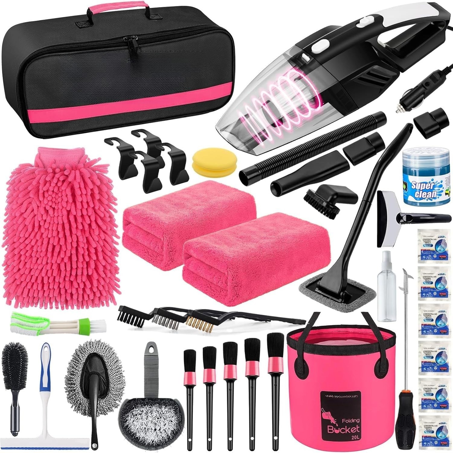 Car Cleaning Wash Kit Interior Detailing Cleaner Kit with Vacuum for Women,Pink