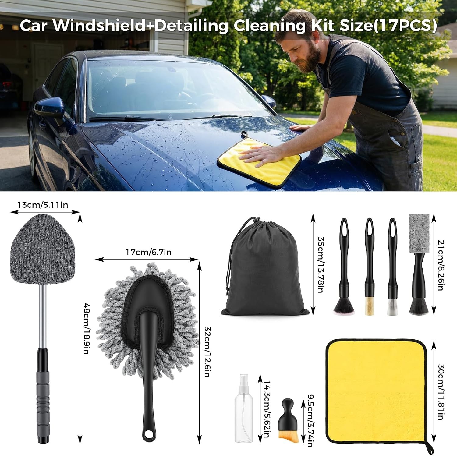 Portable 17-Piece Car Cleaning Kit with Microfiber Pads & Detailing Brushes