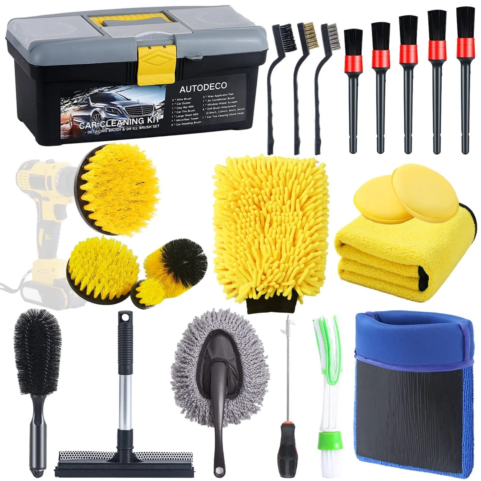 23 Piece Exterior, Interior Car Detailing Kit with Case Clay Mitt Scrub Brushes