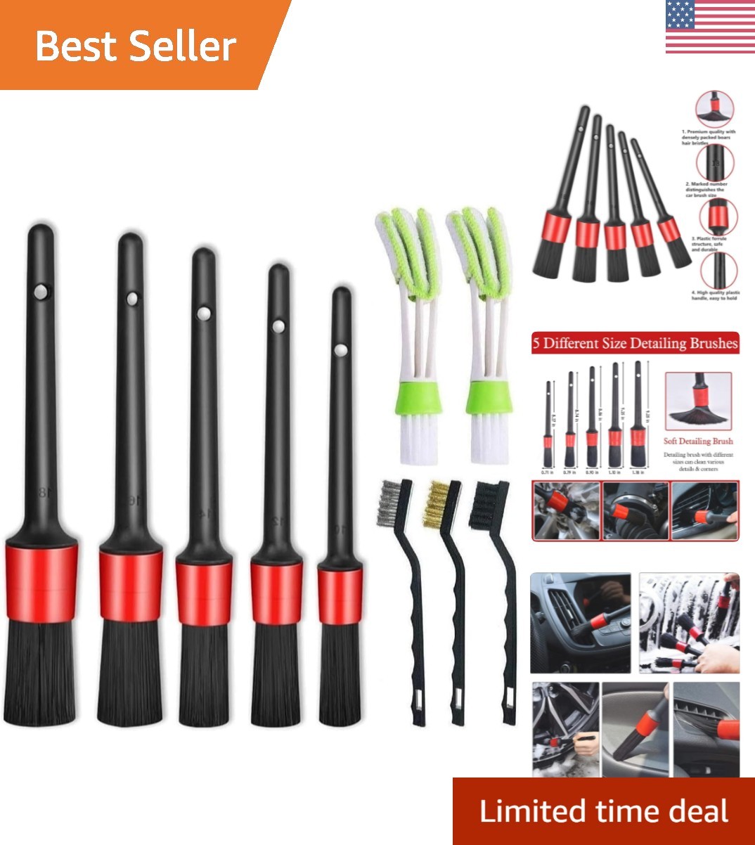 11Pcs Car Detailing Brushes Set with Soft Bristles & Steel Wire for All Vehicles