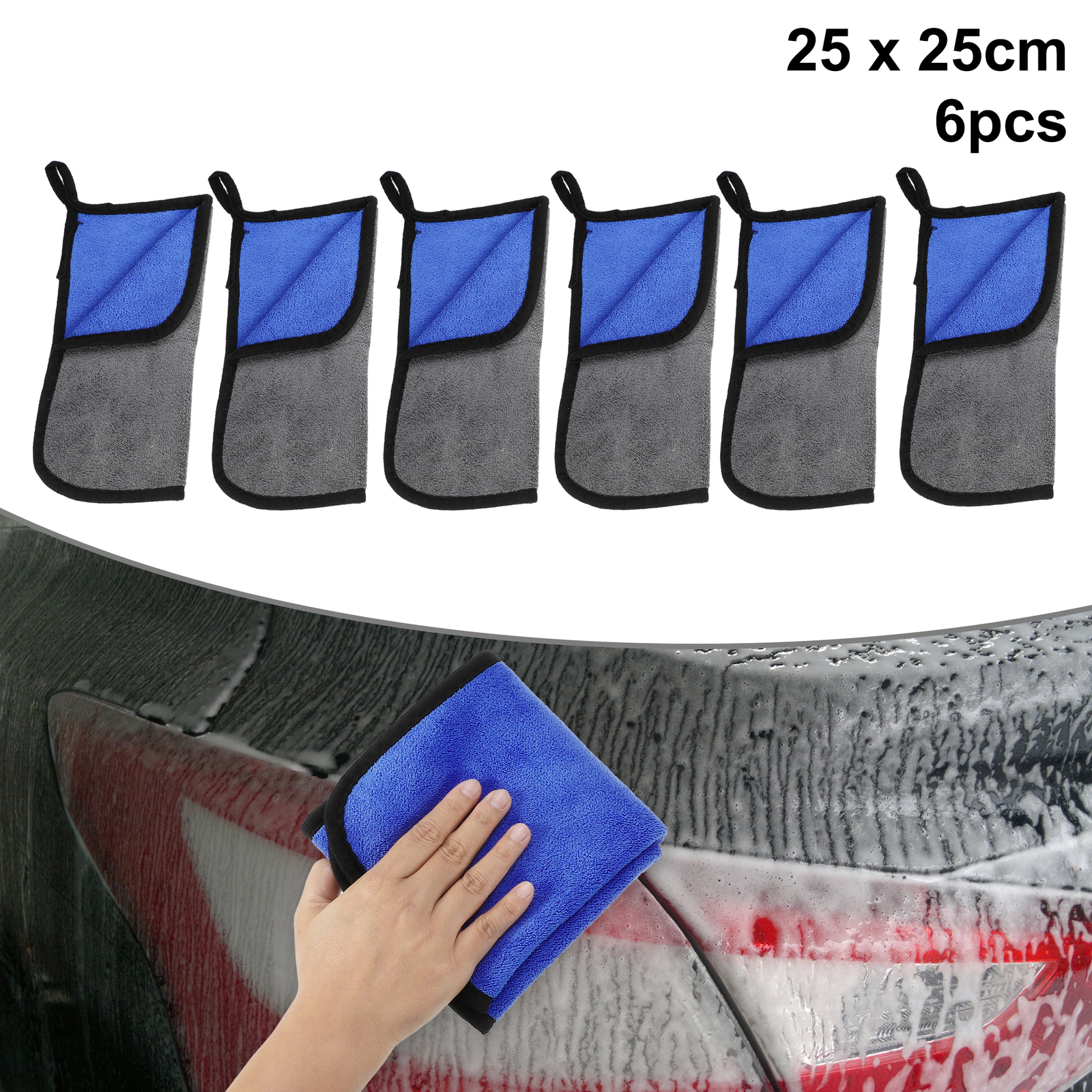 6pcs Microfibre Car Drying Towel 9.84″x9.84″ Extra Large 500 GSM Gray Blue