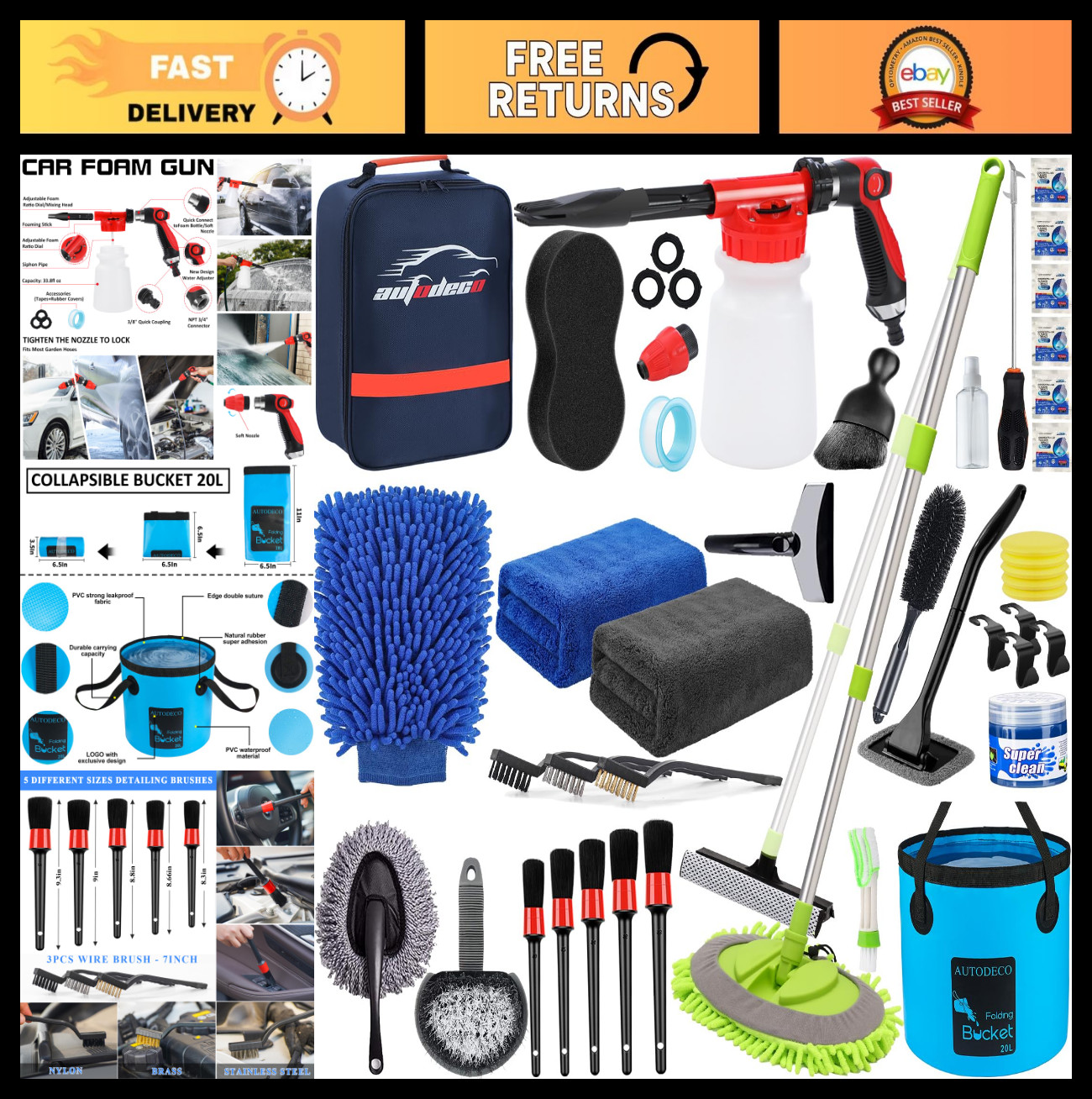 42Pcs Car Wash Detailing Kit with Foam Gun, Long Handle Brush, Mitt & Towels – C