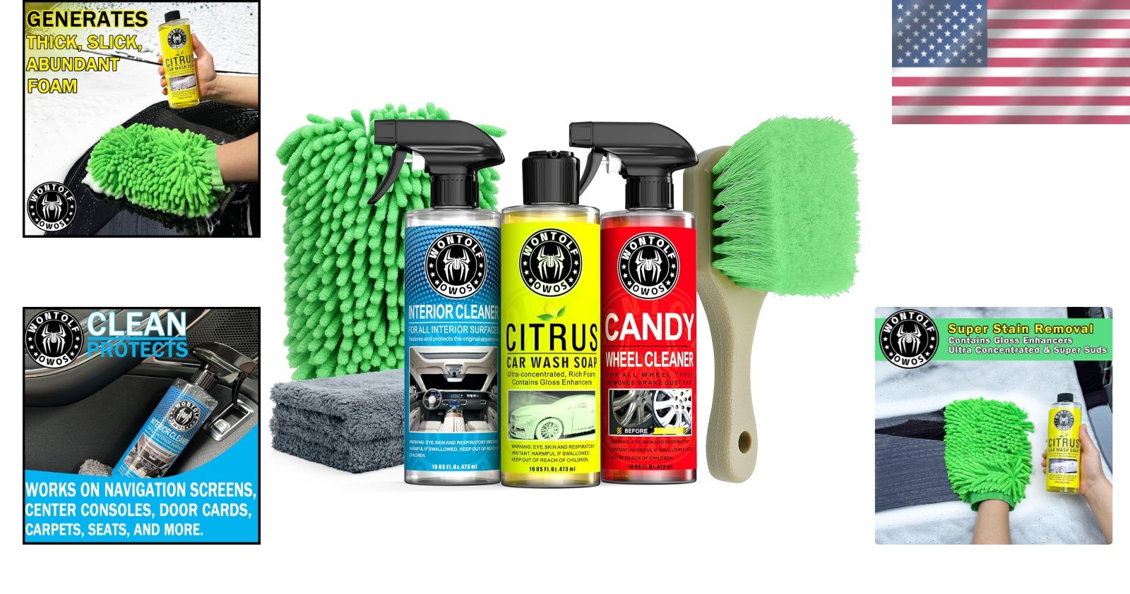 All-in-One Car Wash Kit – Citrus Soap, Interior Cleaner & Wheel Brush
