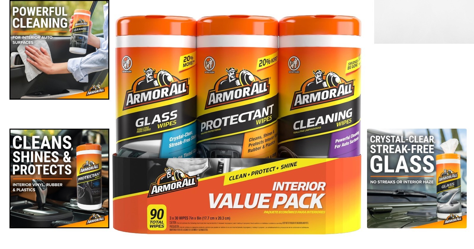 90 Count Car Cleaning Wipes Multi-Pack: Protectant, Glass & Interior Wipes