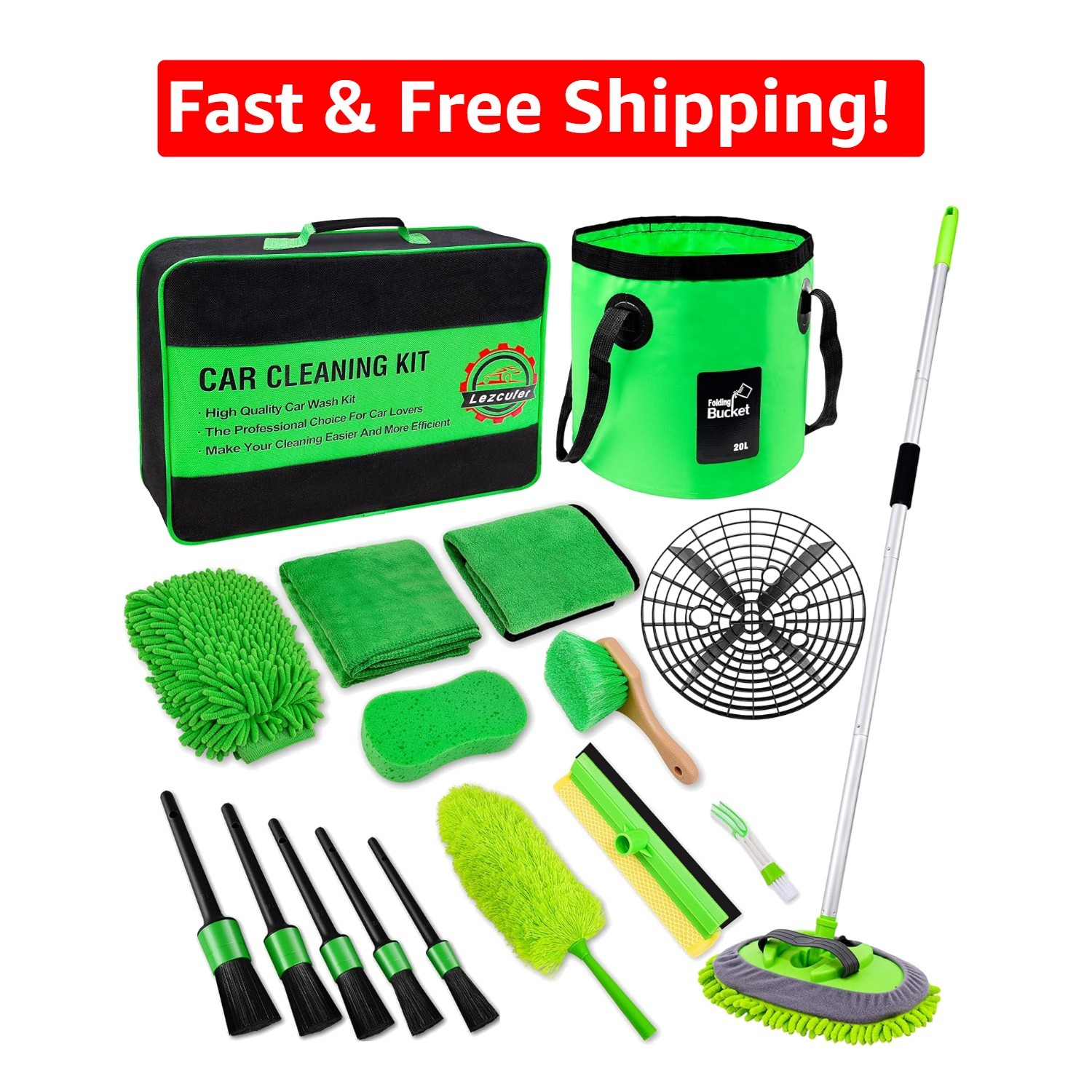 17Pcs Car Wash & Detailing Kit with 62” Mop & Eco-Friendly Tools