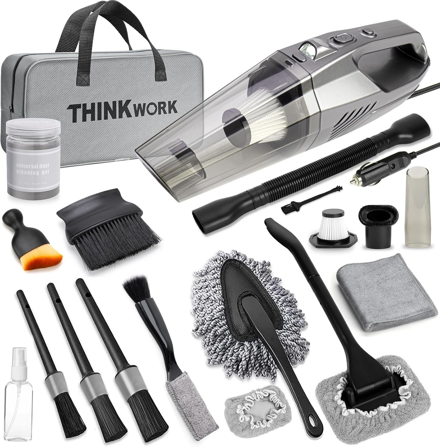 Car Cleaning Kit, Gray Car Interior Detailing Set with 8000PA High Power Vacuum
