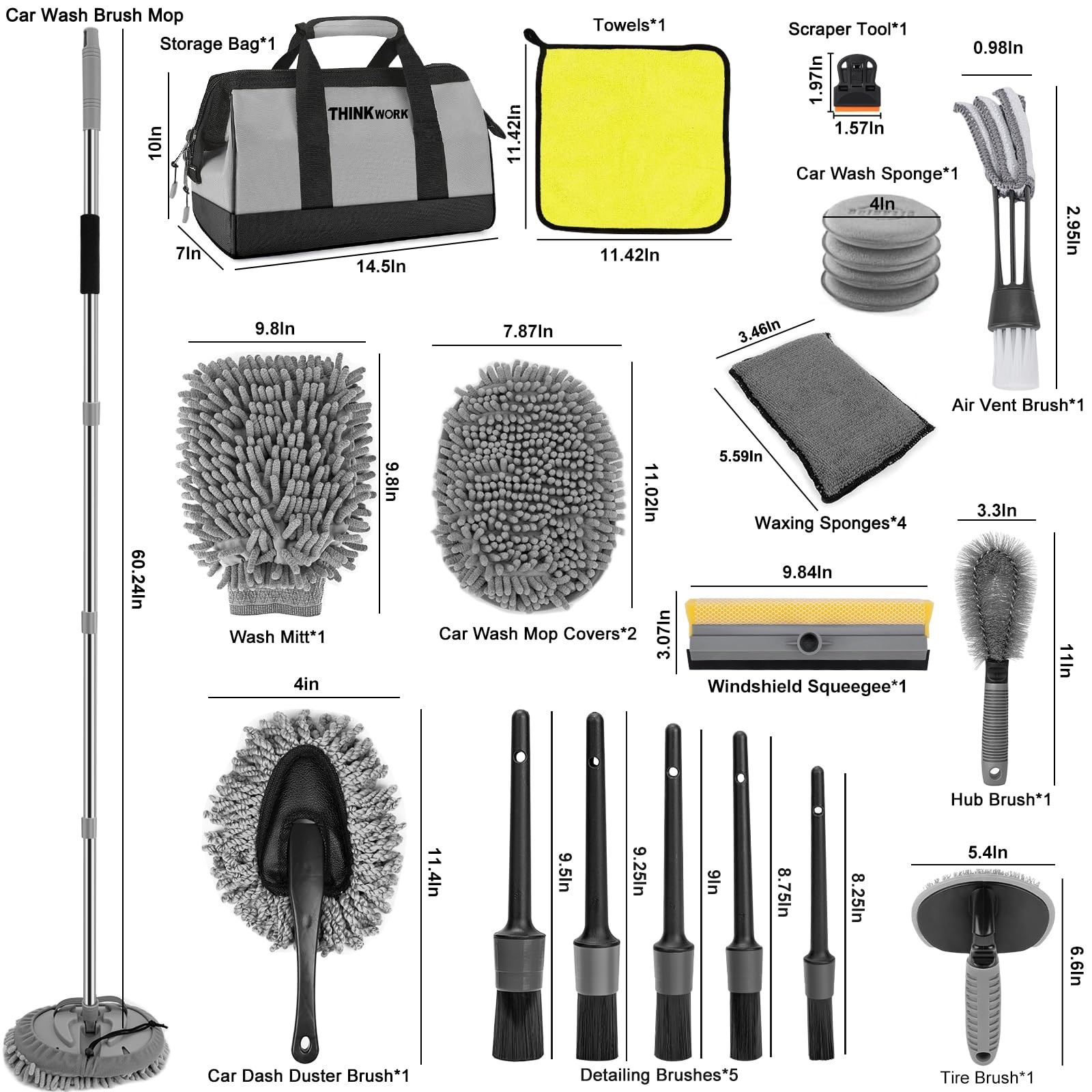 Car Wash Kit – 62″ Extendable Brush Mop, 2-in-1 Squeegee & 9 Detailing Brushes