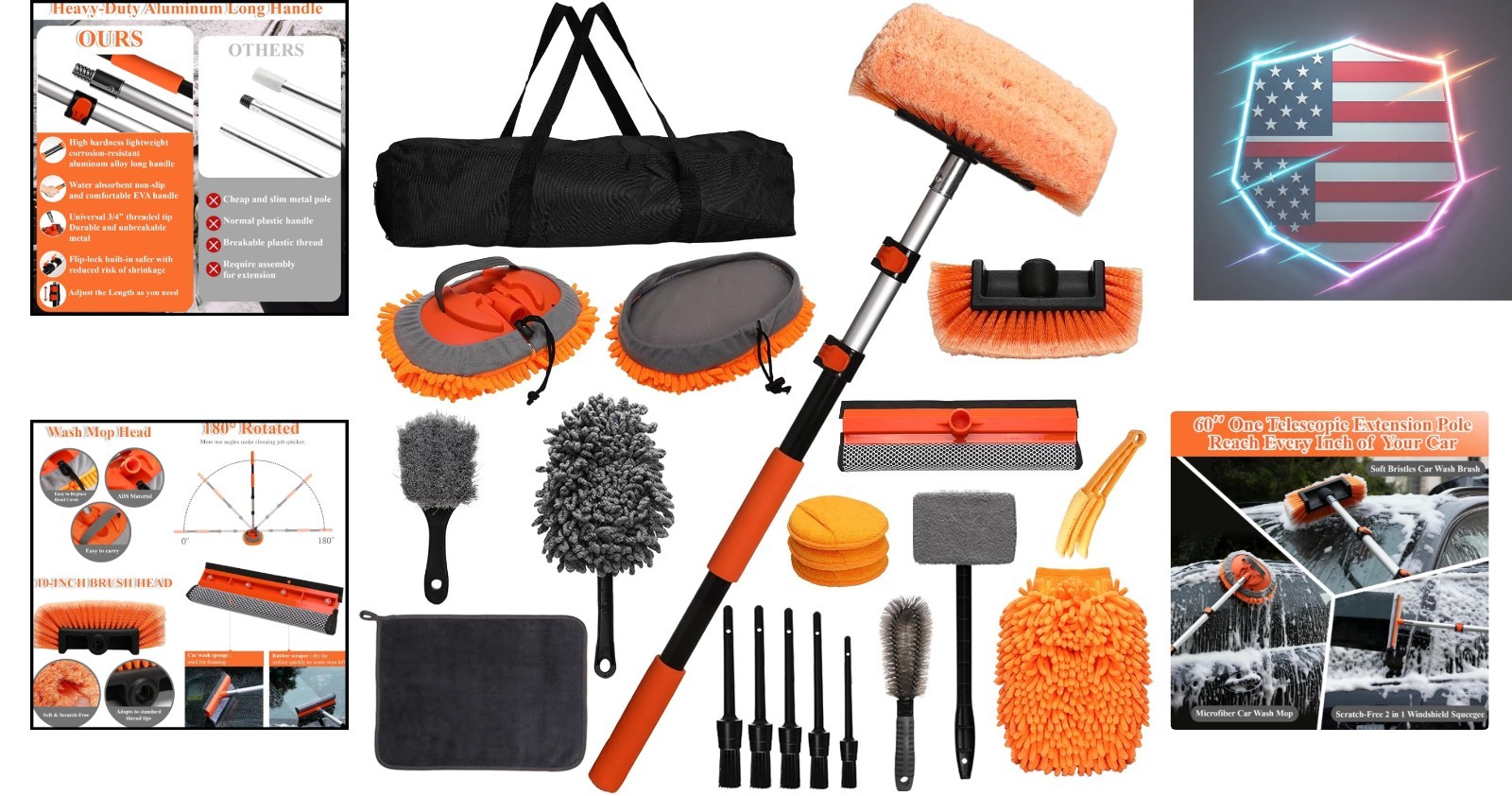 21Pcs Car Wash Kit with 60″ Heavy-Duty Extension Pole, Soft Car Wash Brush, W…