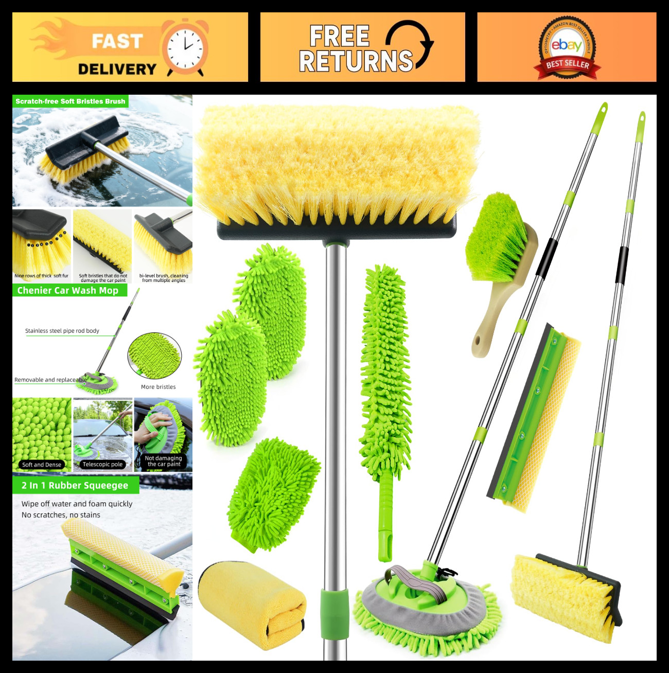 62″ Long Handle Car Wash Brush Kit – Microfiber Mop Mitt, Wheel Brush, Squeegee