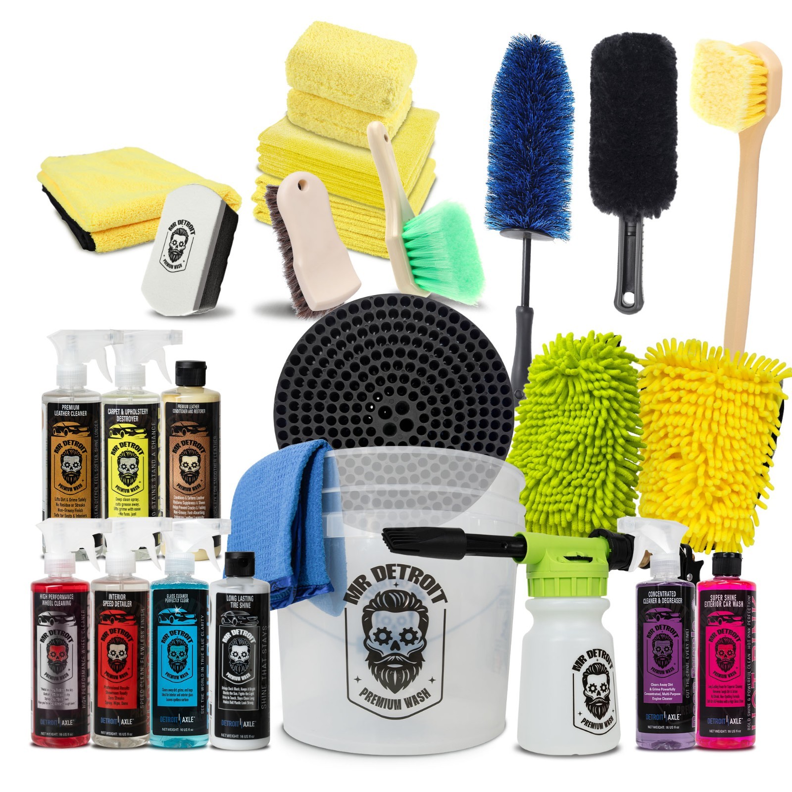 Mr. Detroit – 25pc Auto Detailing Kit – Foam Cannon, Towel, Wheel Brush, Cleaner