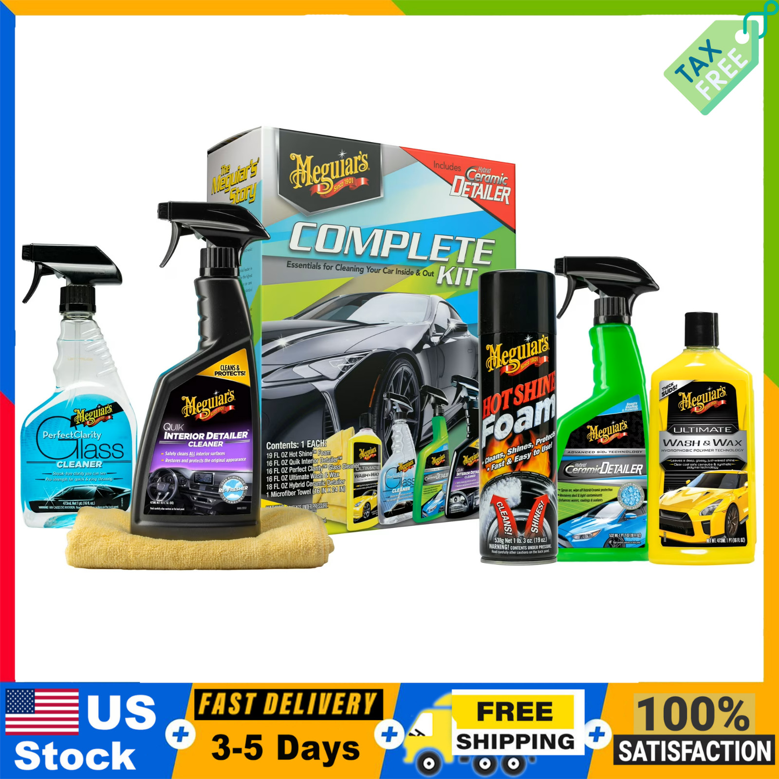 Complete Car Care Detailing Kit Wash Wax Tire Shine Interior Cleaner Set