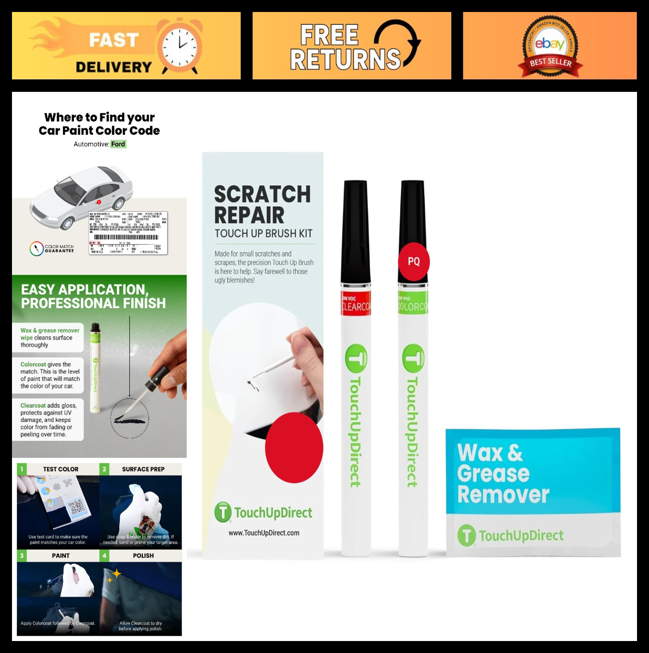 Auto Scratch Repair Brush Kit – PQ Race Red Exact Match Paint & Clearcoat, Touch
