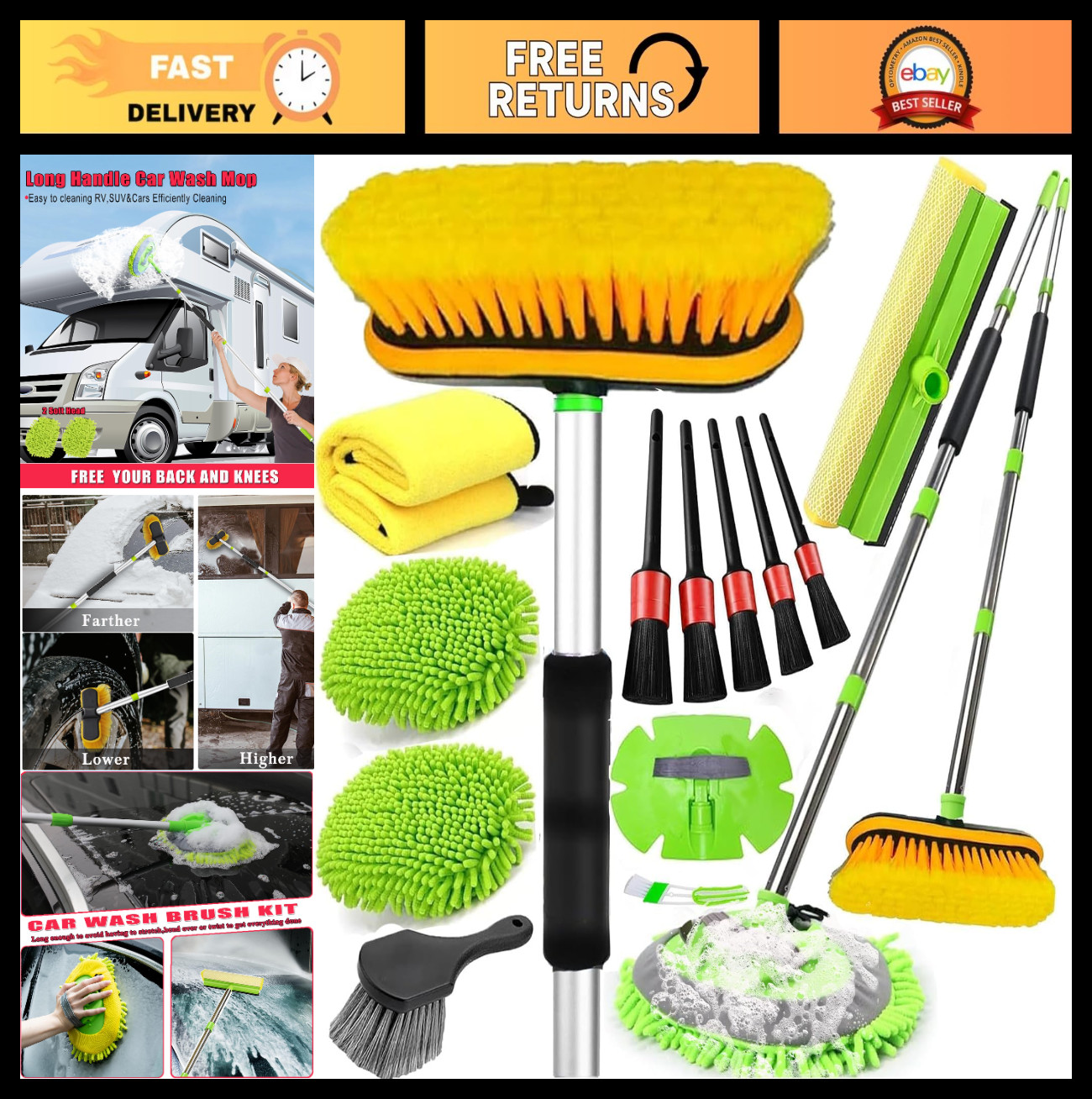 62″ Long Handle Car Wash Brush Kit – Microfiber, Tire Brush, Squeegee & Detailin