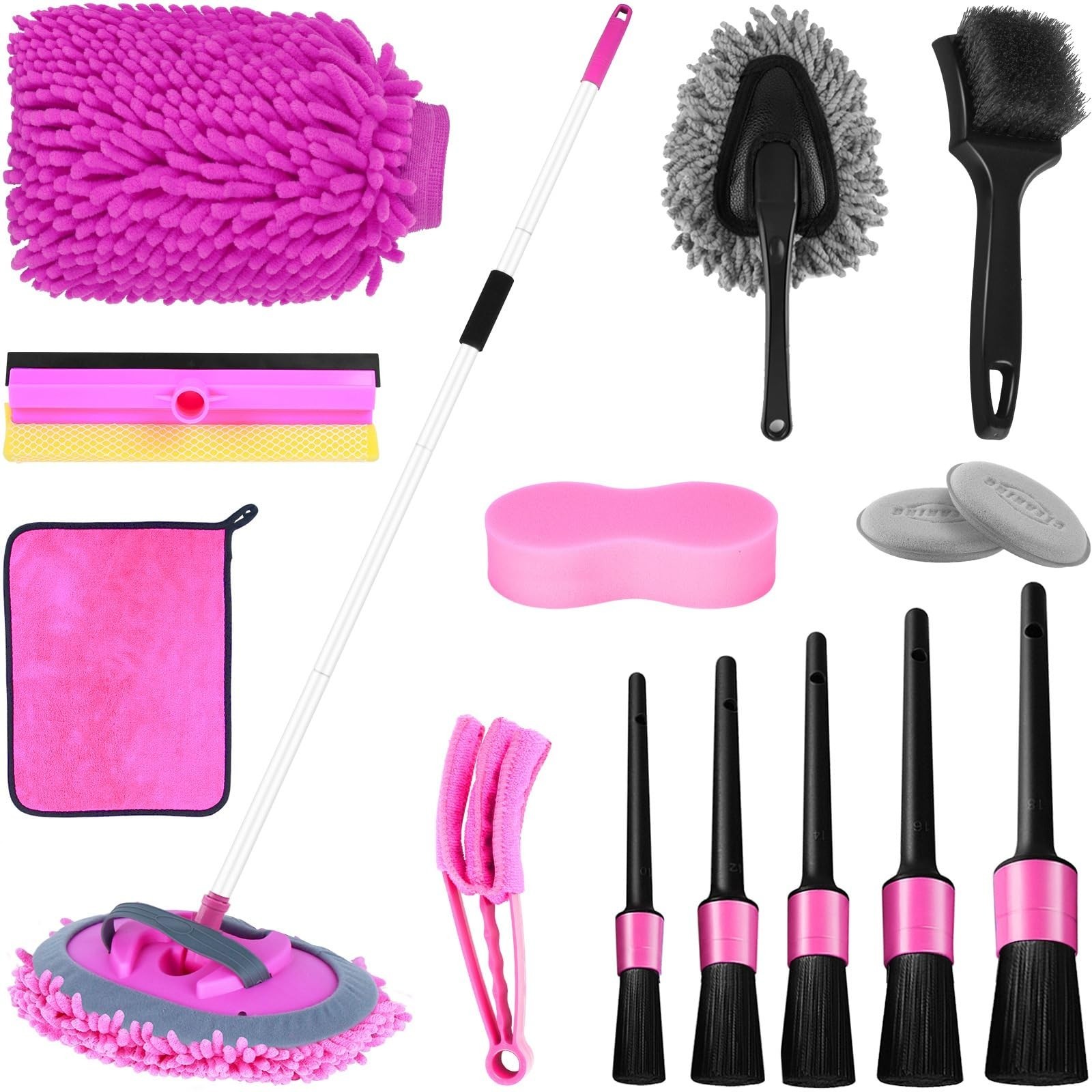 62″ Pink Car Wash Brush & Mop Kit – Microfiber Mitt, Squeegee, Wheel Brush, Deta