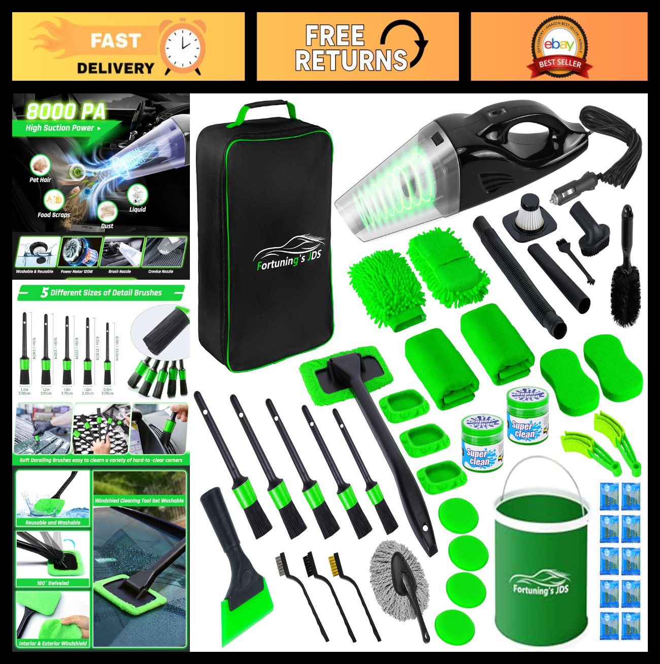 47PCS Car Detailing Kit – Interior Cleaner, Vacuum, Brushes & Bucket for Cars, B