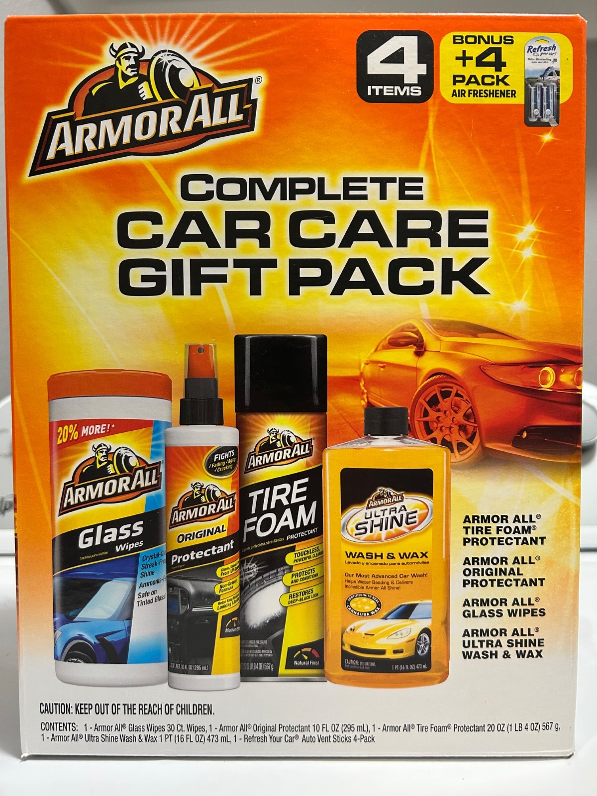 Car Care Kit 4 Piece Wash Wax Glass Cleaner Tire Foam Armor All Complete