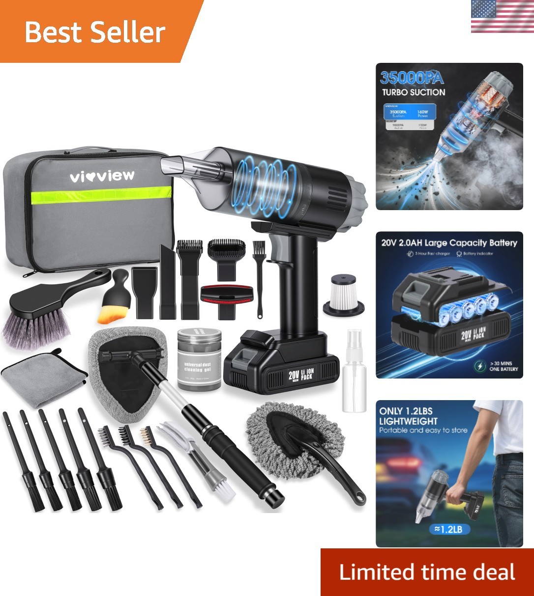 26pcs Car Cleaning Kit, Gray Interior Detailing Kit with High Power Vacuum Po…