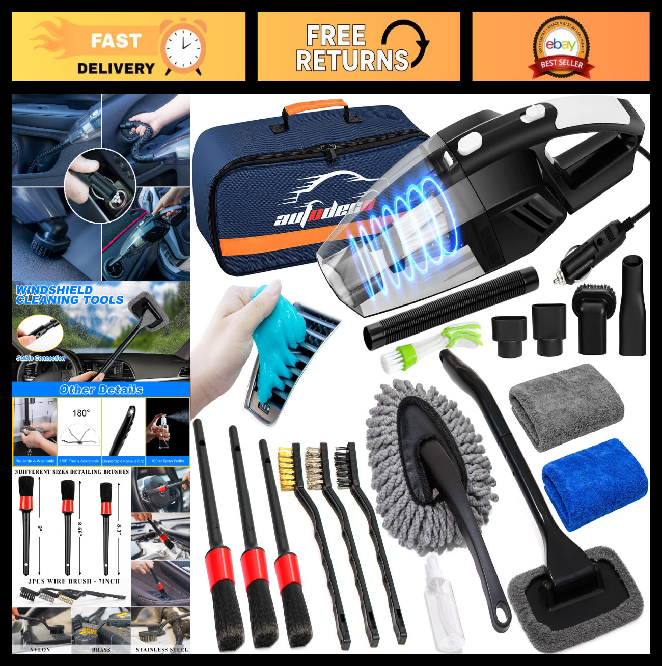 20Pcs Car Cleaning Kit – Interior Detailing, High Power Vacuum, Brushes, Towels