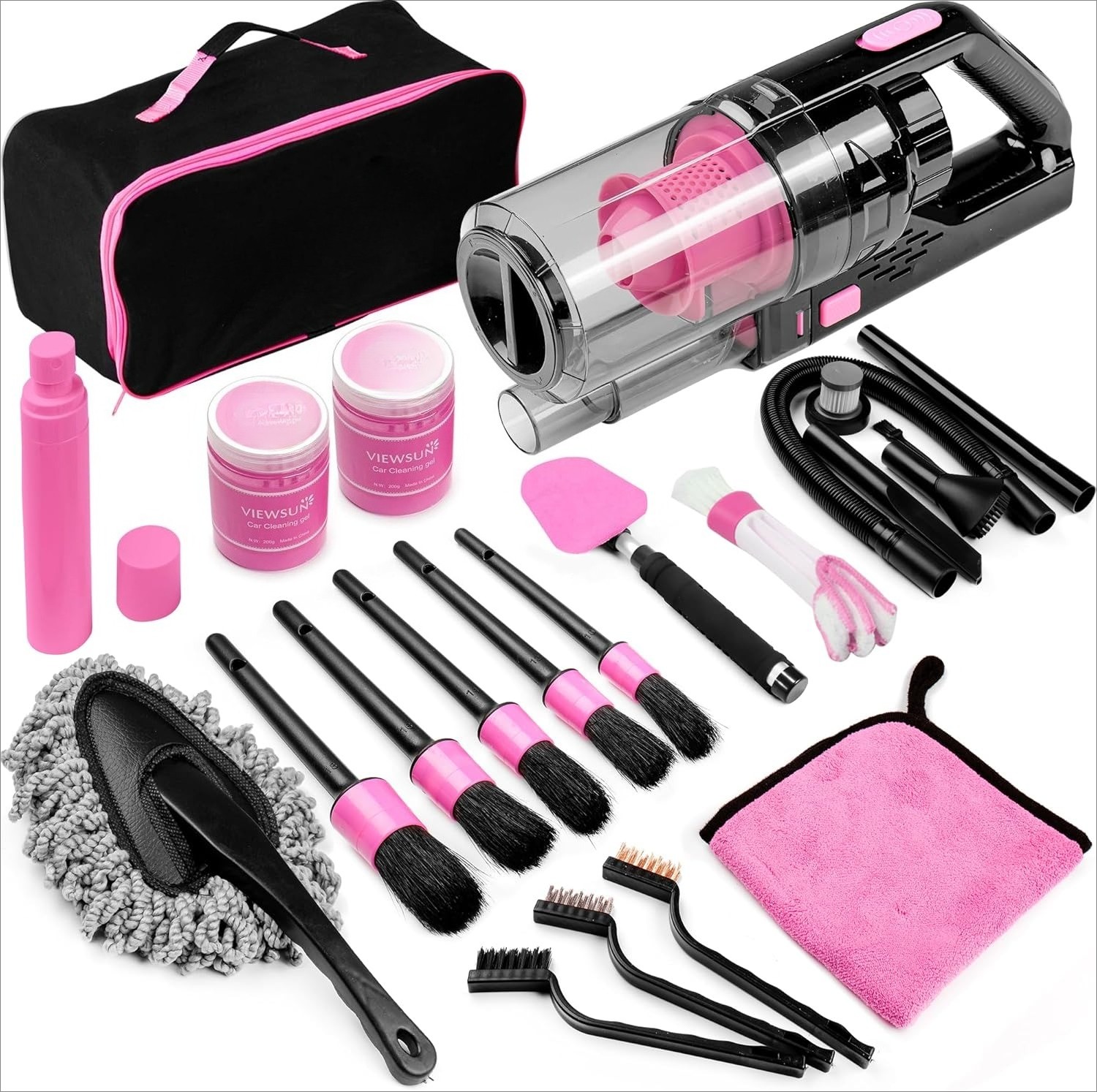 Cleaning Kit, Pink Car Interior Detailing Kit with High Power Handheld Vacuum
