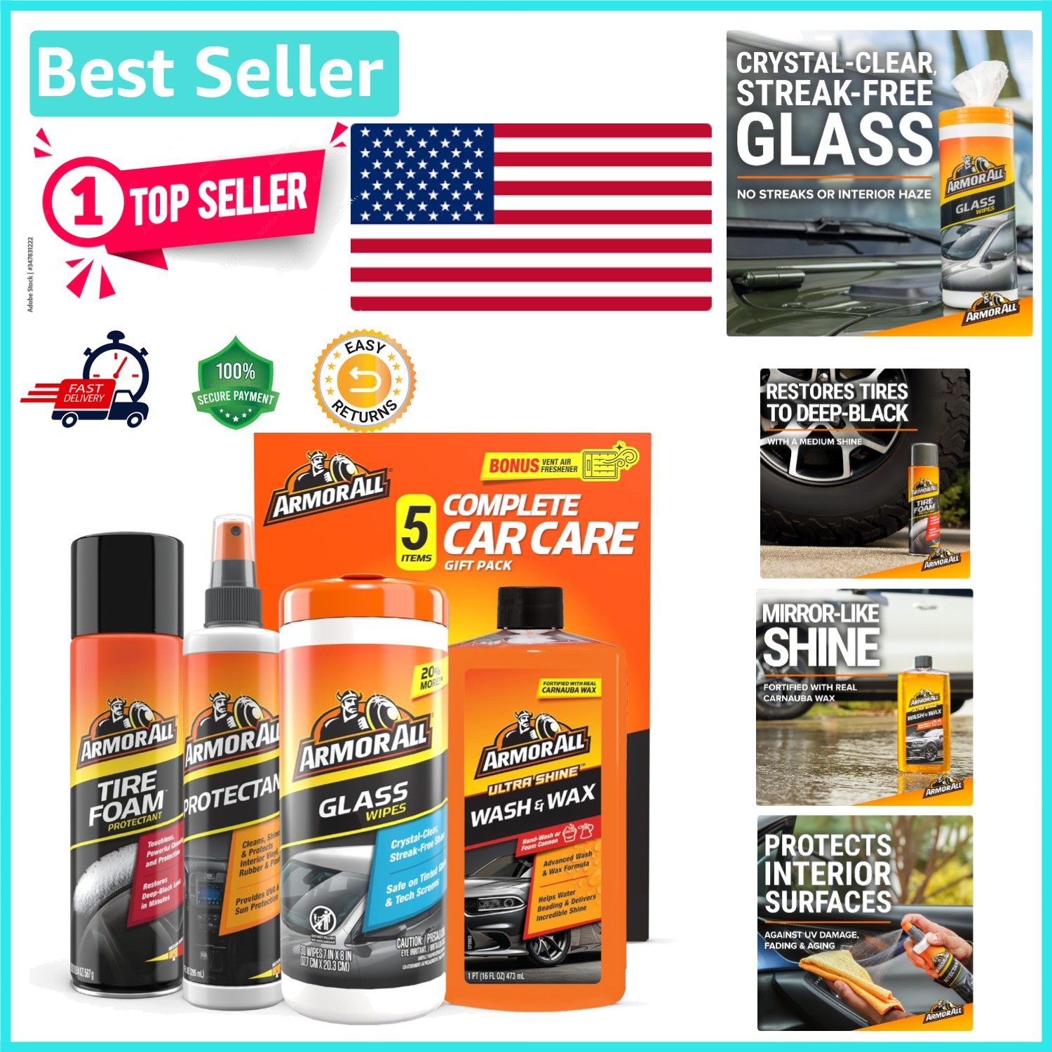 Ultimate Car Cleaning Kit: Natural Protectant, Tire Foam & Glass Cleaning Wipes