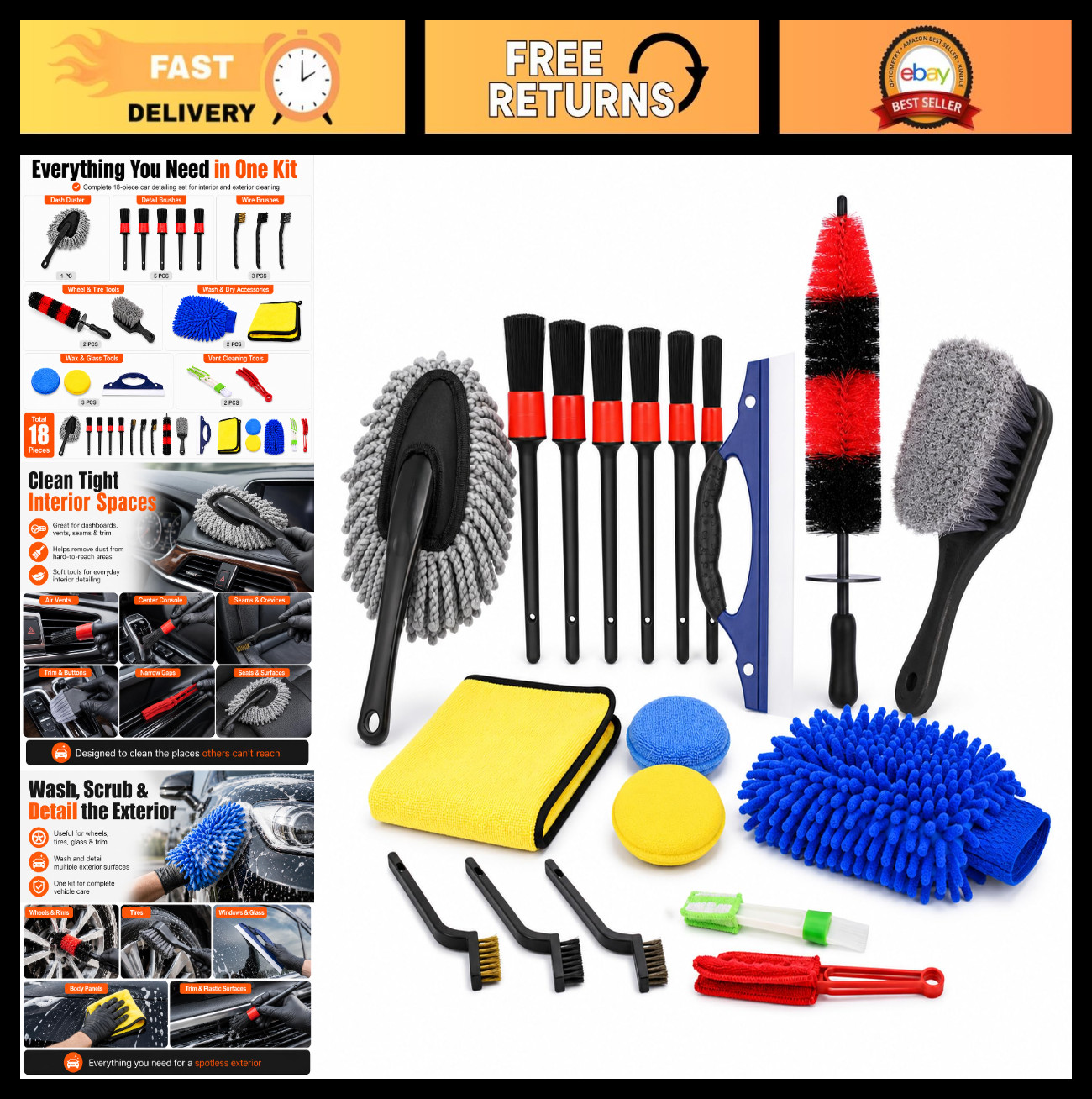 18-Piece Complete Car Detailing Kit – Interior & Exterior Cleaning Set, Brushes