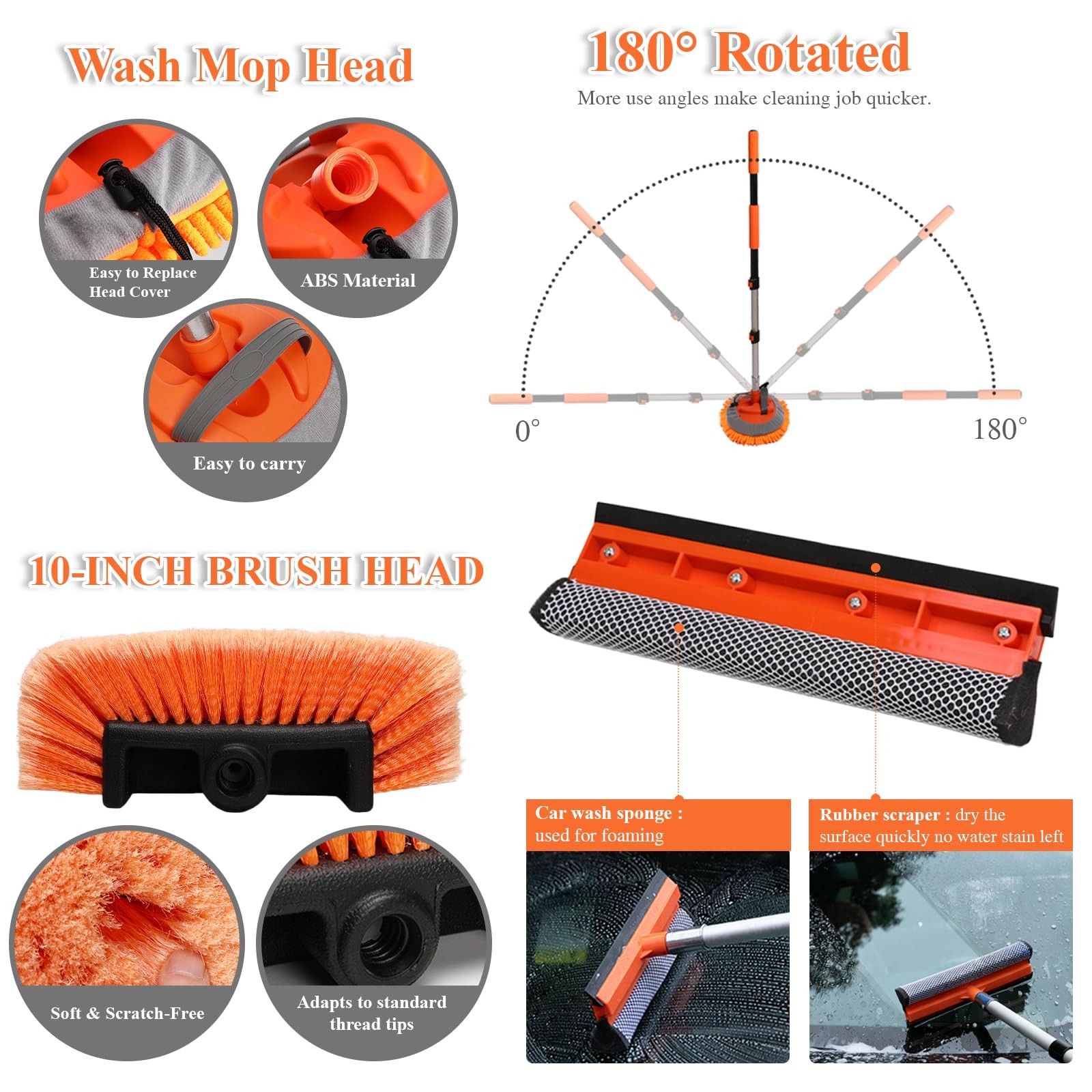 PuliKit 21Pcs Car Wash Kit with 60″ Heavy-Duty Extension Pole, Soft Orange