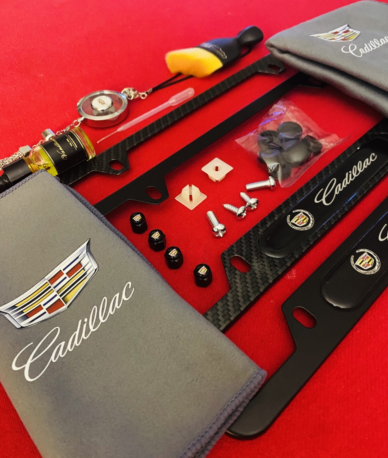 Cadillac Car Kit Tag Frame Dust Brush, Diffuser Rag Hardware & Valve Stem Caps