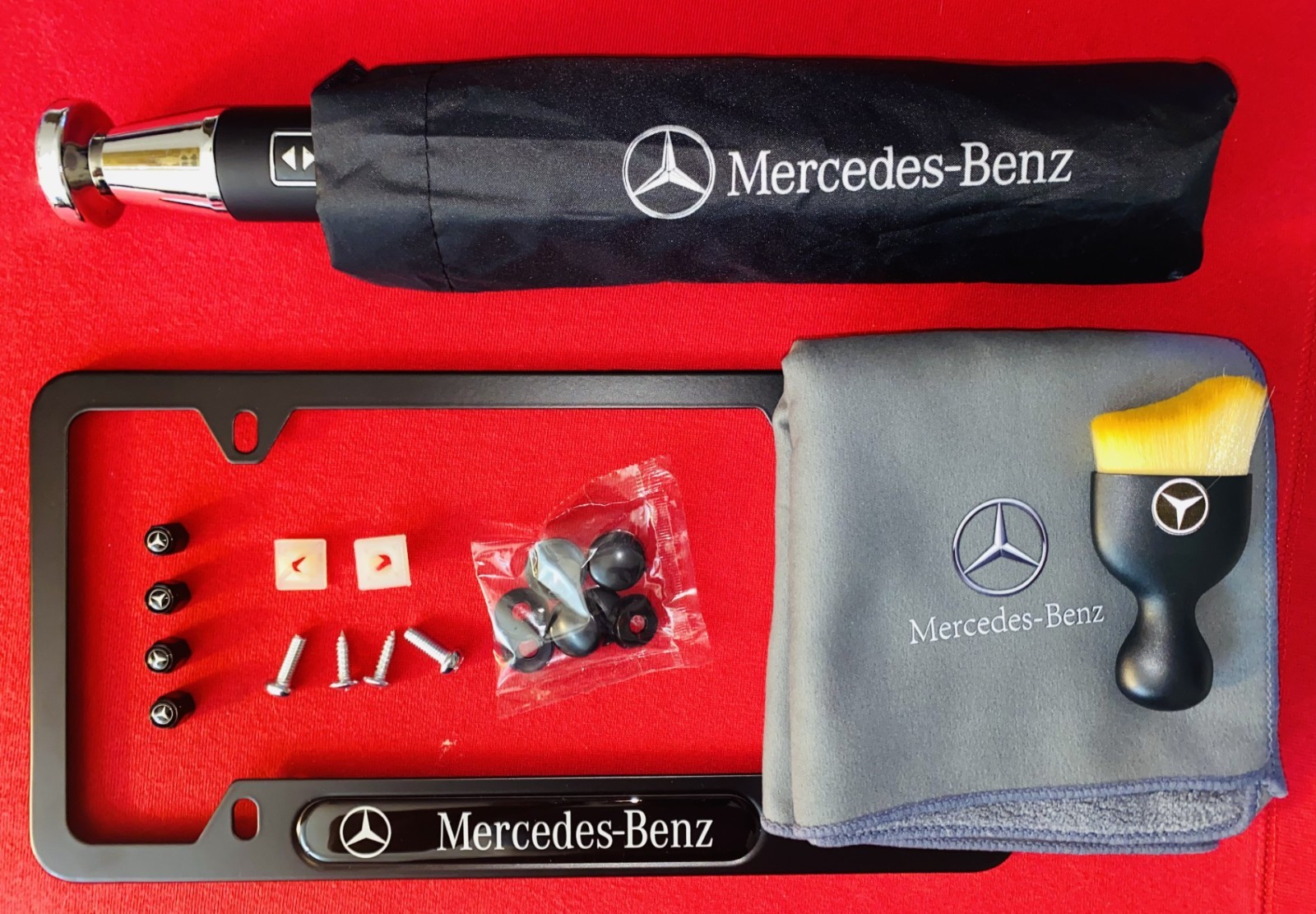 Mercedes Car Kit Tag Frame Umbrella Dust Brush & Towel Hardware Valve Stem Caps