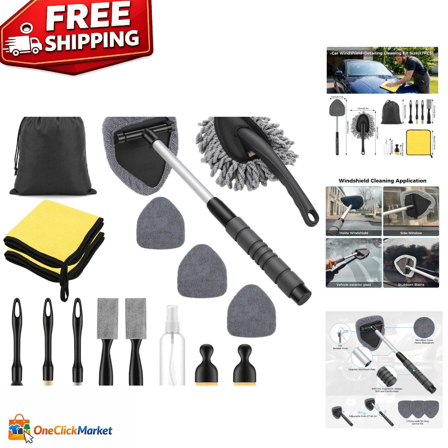 Portable 17-Piece Car Cleaning Kit with Microfiber Pads & Detailing Brushes