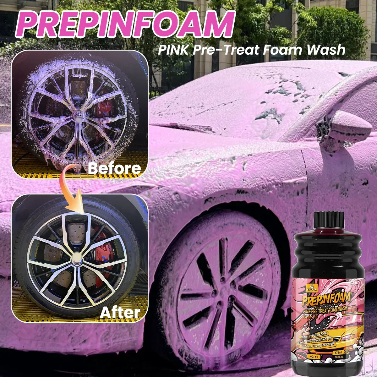 Pink Foam Car Wash Shampoo High Concentration Super Foam Cleaner 473ml