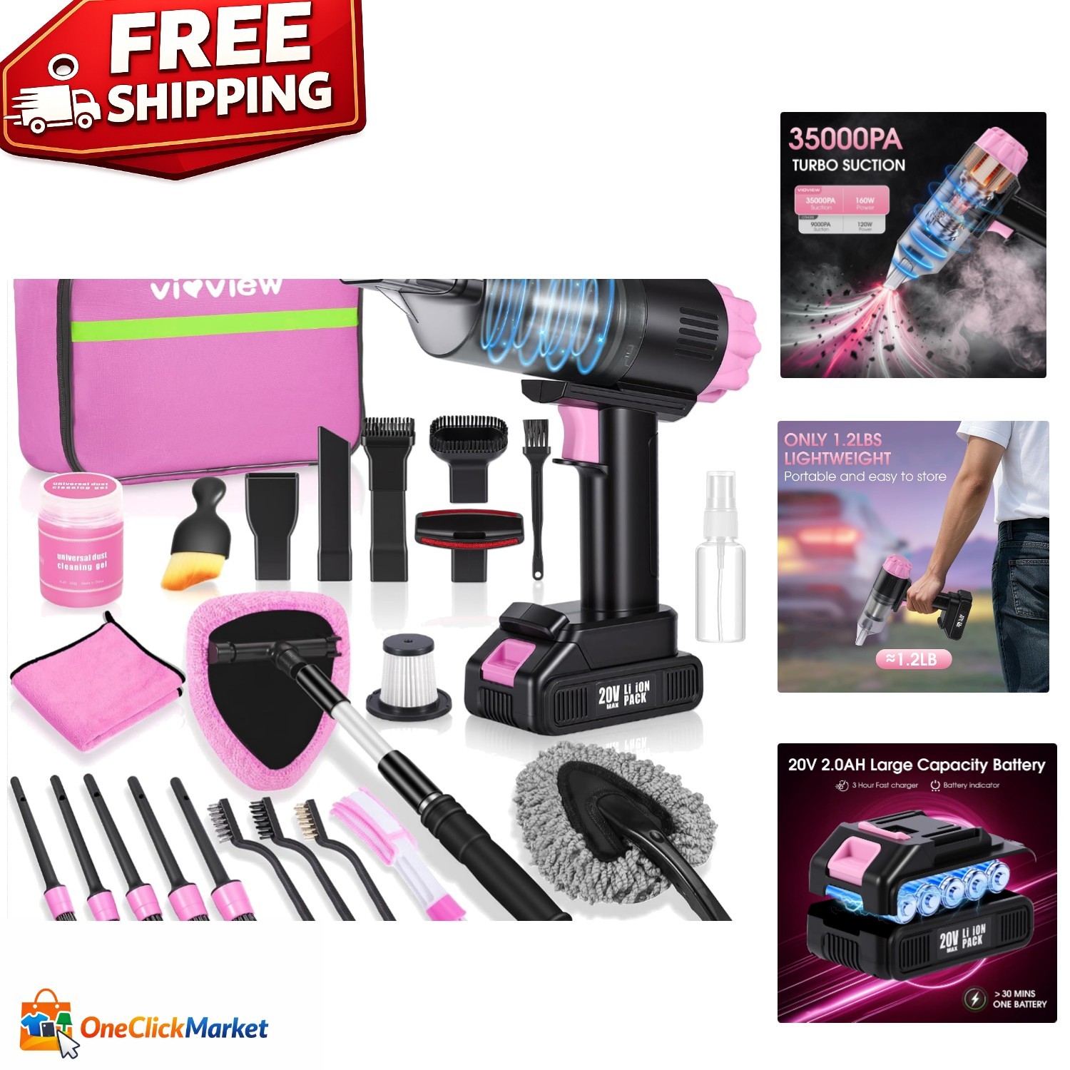Complete Portable Pink Car Cleaning Kit with 40 Min Runtime Vacuum & Accessories