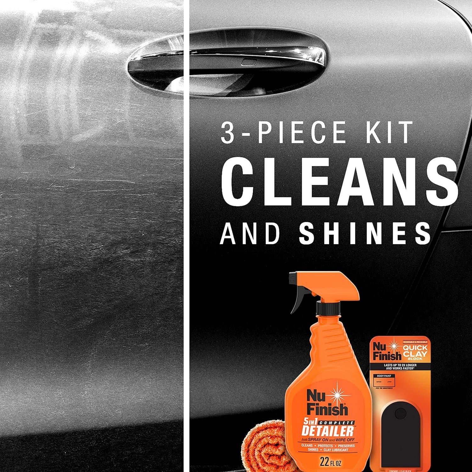 3-Piece Quick Clay Car Cleaning Kit: Detailer, Clay Block & Microfiber Cloth