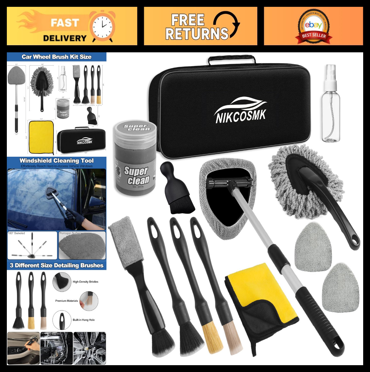 14Pcs Car Cleaning Kit – Windshield Cleaner Tool, Extendable Handle, Microfiber