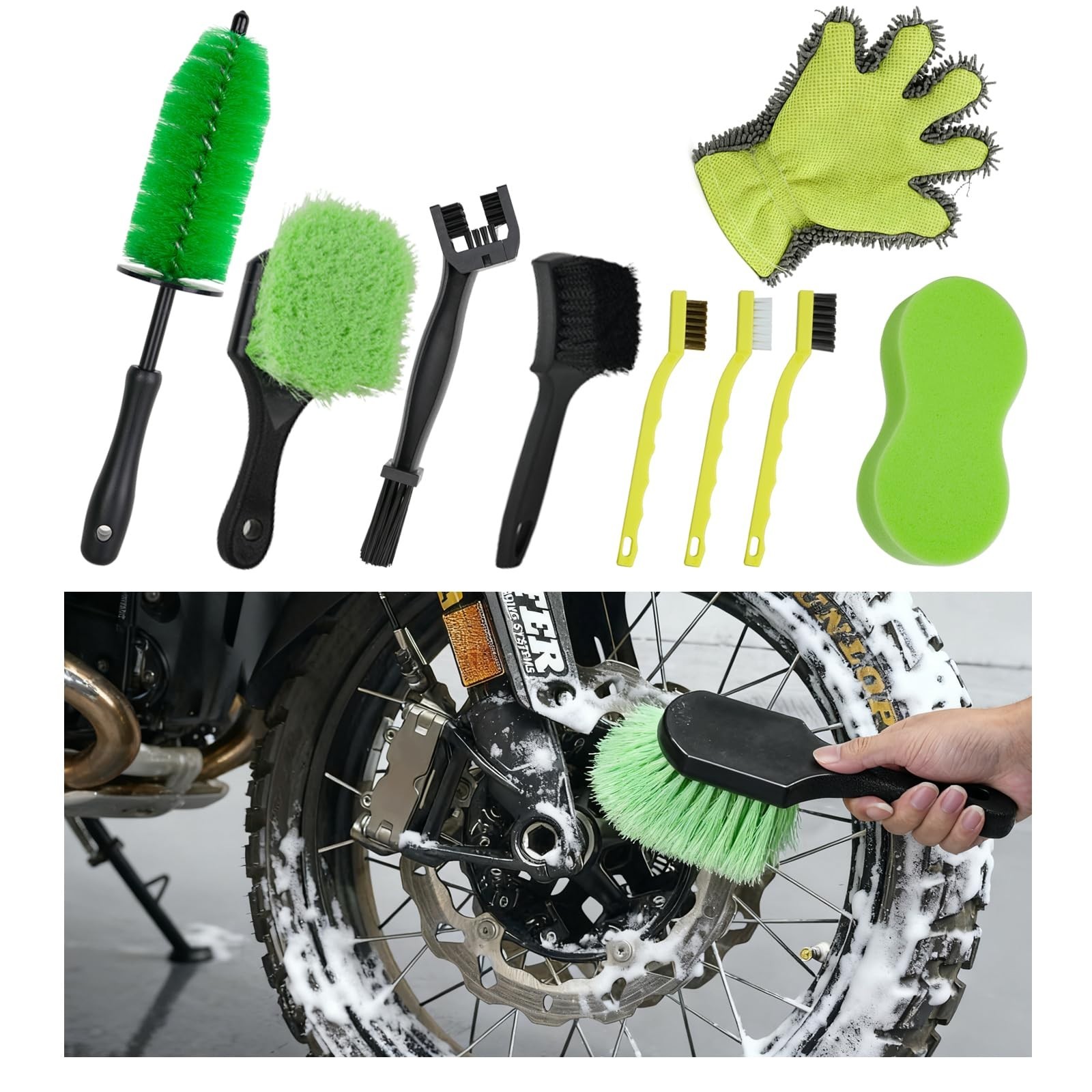 9 Pack Motorcycle Cleaning & Detailing Kit – Brushes, Sponge, Mitt, Tools for Bi