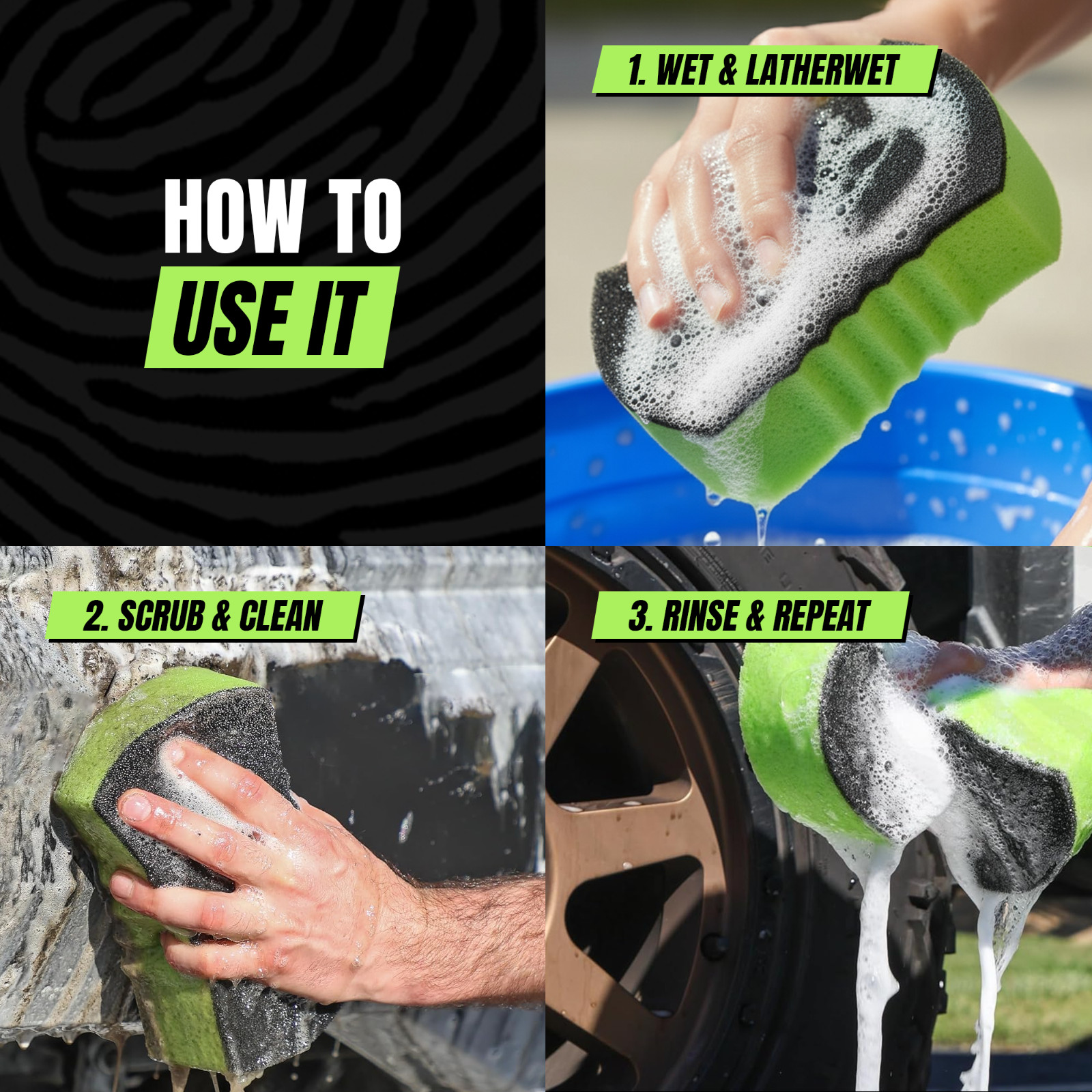 Grip Clean Dual Texture Car Wash Sponge – Multi Purpose Bug Foam Cleaner, 2 Pack
