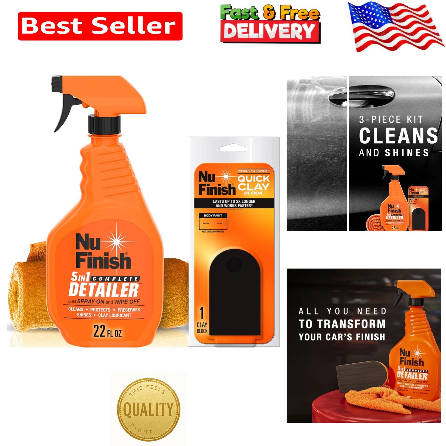 3-Piece Quick Clay Car Cleaning Kit: Detailer, Clay Block & Microfiber Cloth