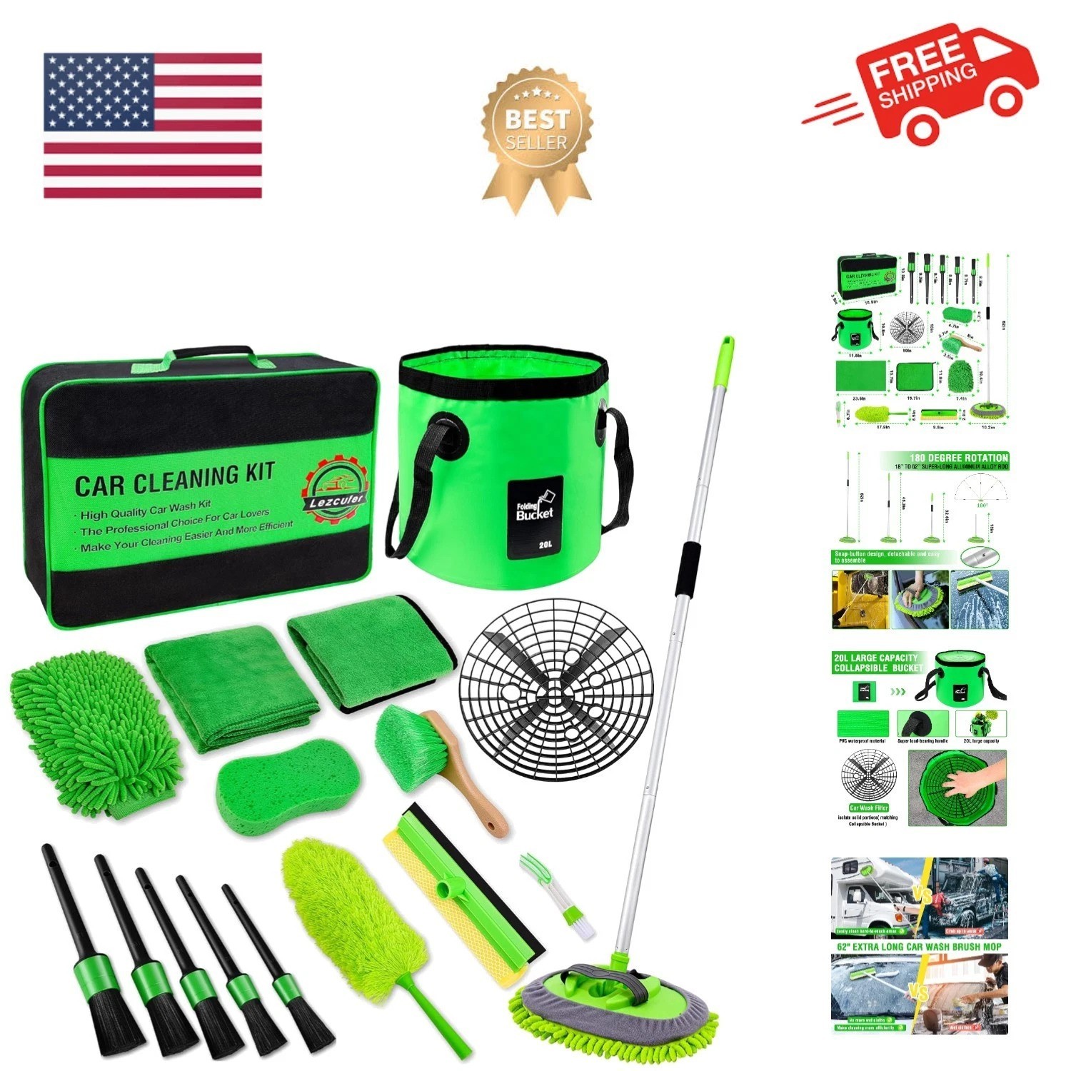 17Pcs Car Wash Kit,62″ Car Wash Brush Mop with Long Handle,Car Cleaning Kit,C…