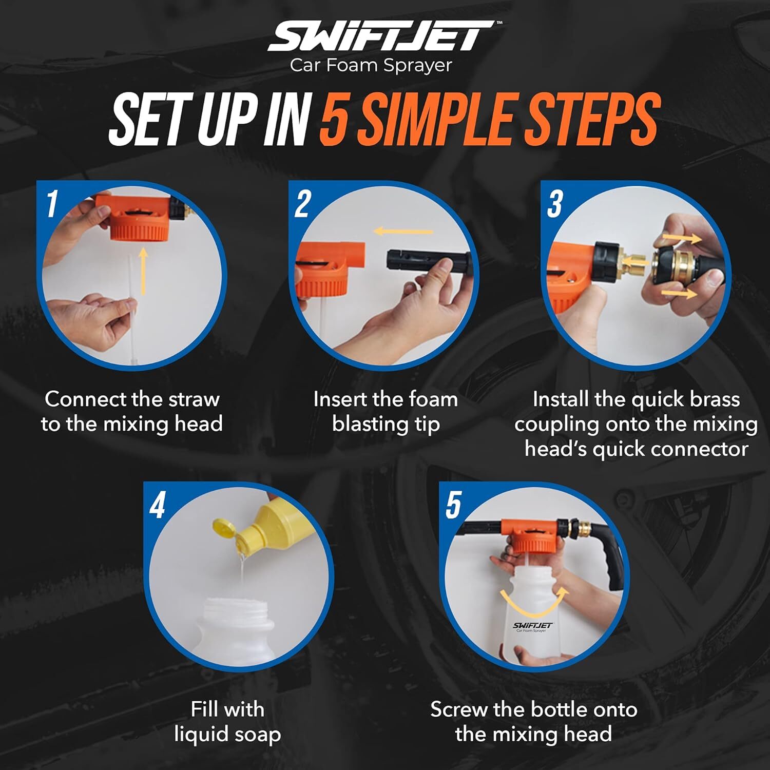 “SwiftJet Foam Gun & Wash Mitt – Car Wash Kit for Garden Hose – Orange Blaster”