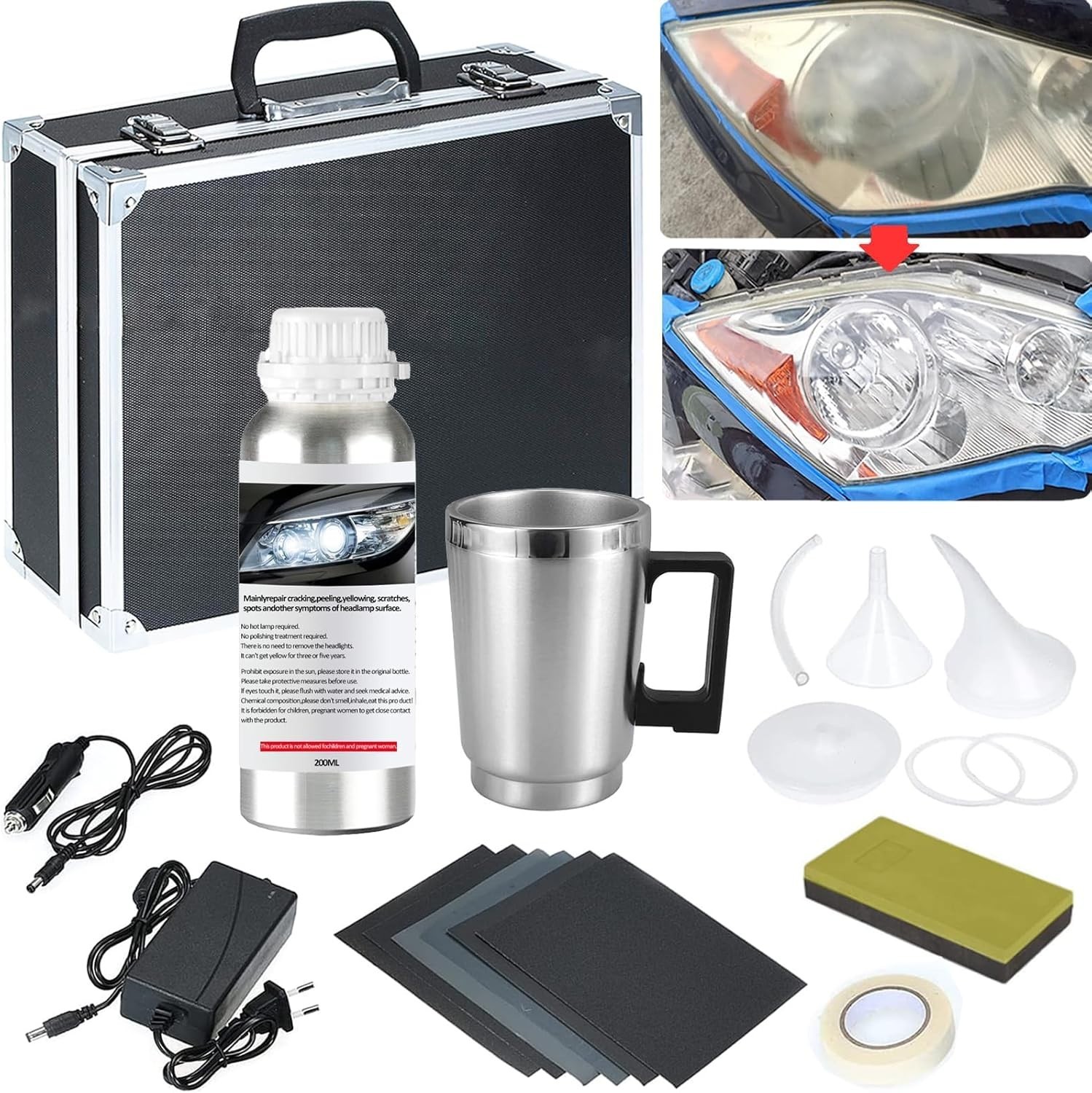 Kit de Reparación de Faros, Kit de Pulido para Faros de Auto con 200 ml de Líqui
