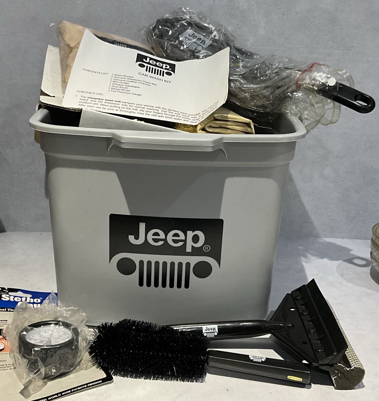 Jeep Car Wash Kit Gray Branded Bucket Mitt Chamois Squeegee Brushes