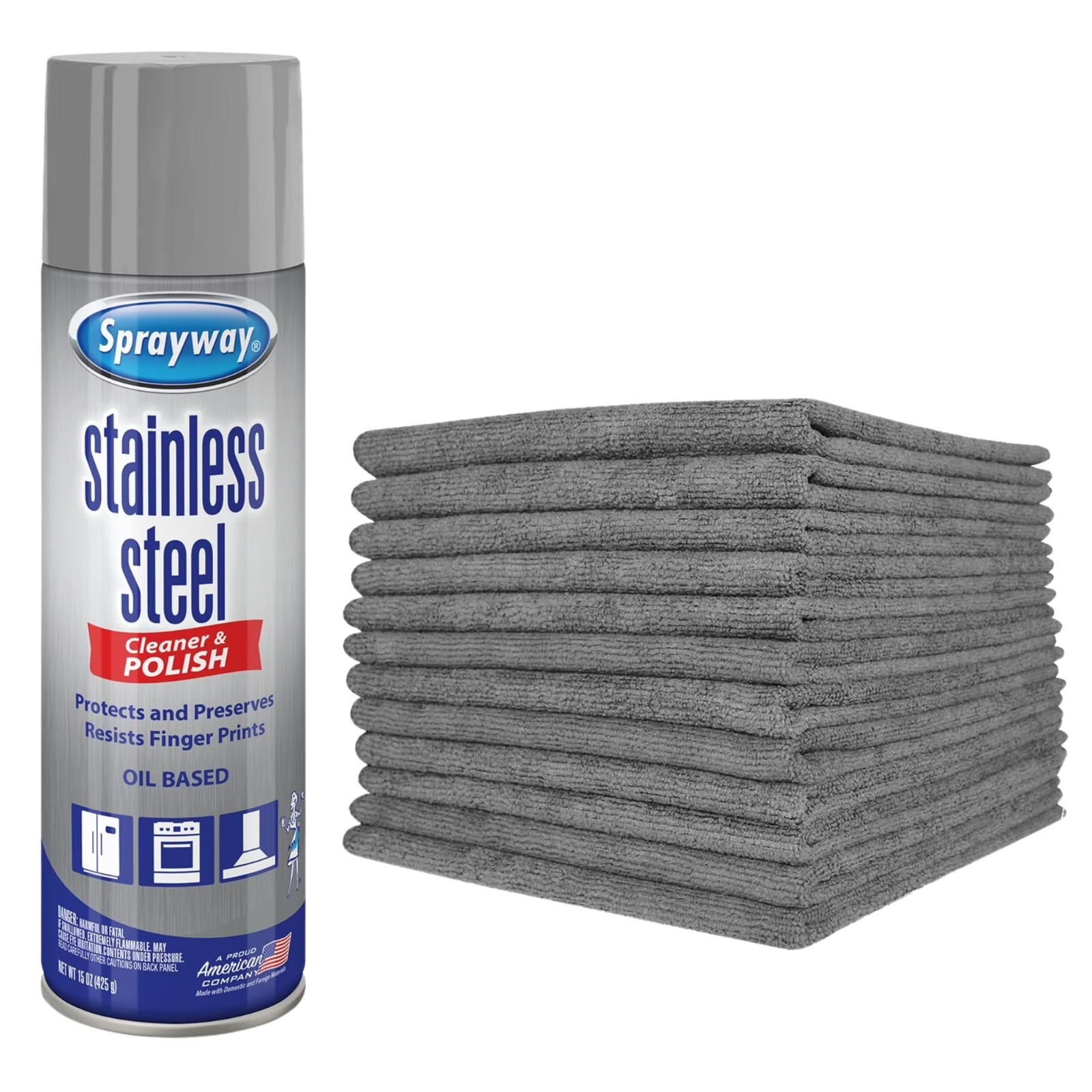 Sprayway Stainless Steel Cleaner & Polisher With 12×12 Microfiber Cloths – Gray