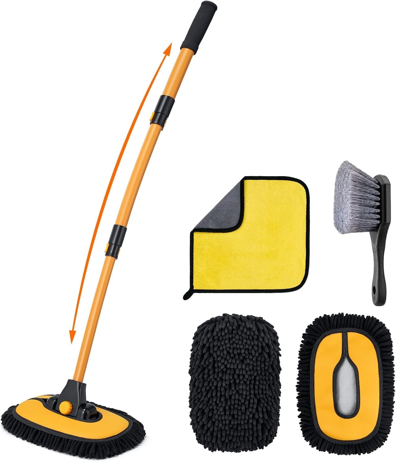 Car Wash Kit with 15° Curved Telescopic Handle and 90° Rotating Brush Head for