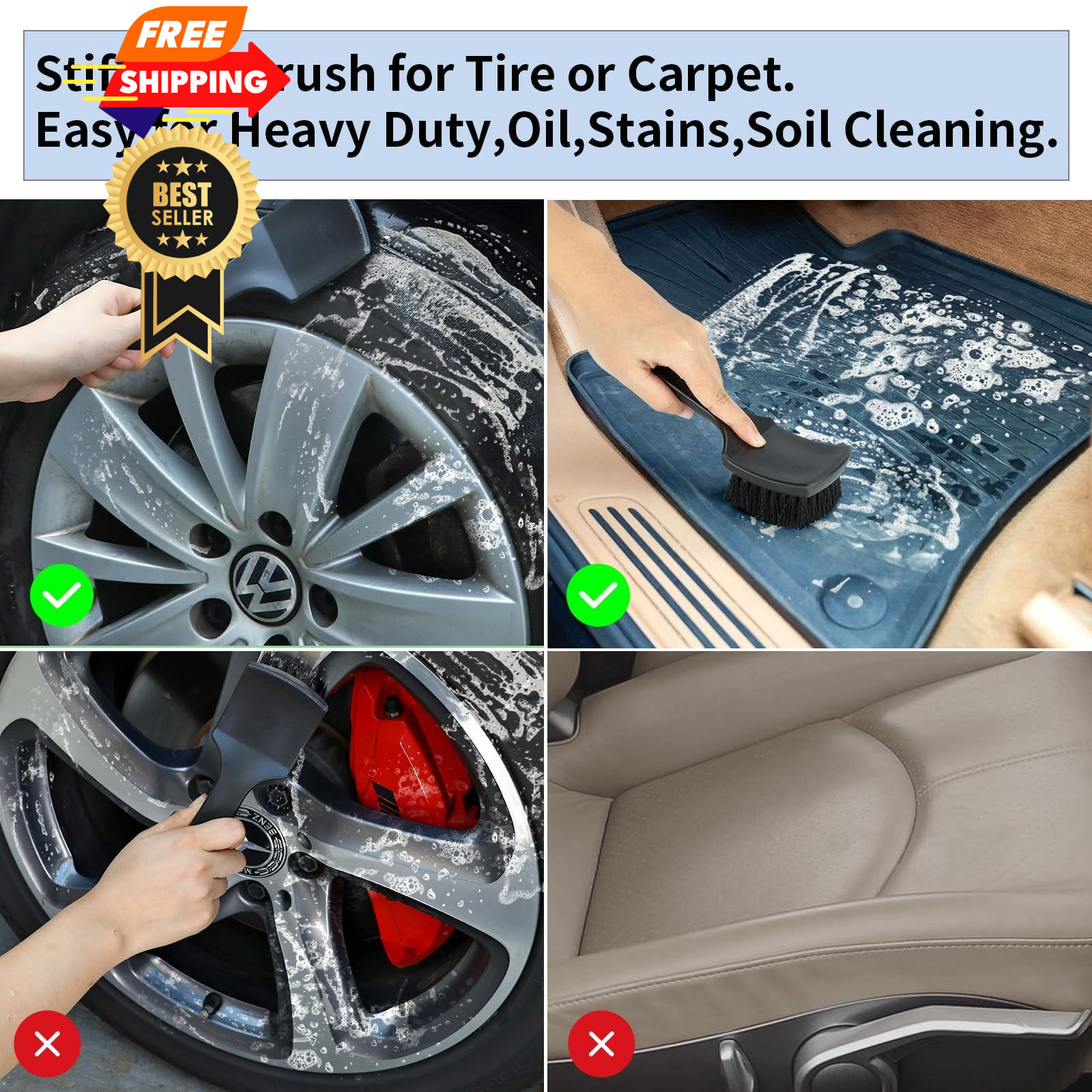 Fitosy Wheel Rim & Tire Brush Set, Soft & Stiff Bristle Wash Cleaning Green