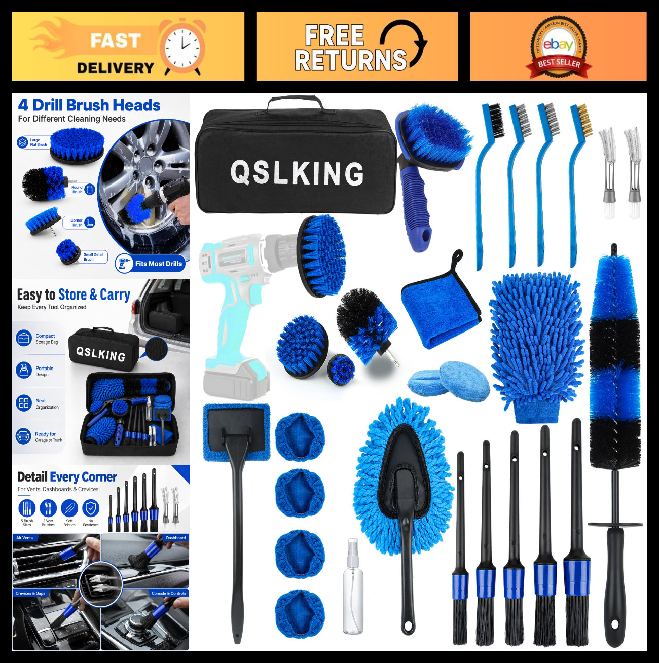 30 PCS Car Detailing Kit – Auto Interior & Exterior Cleaning Brushes, Wash Tools