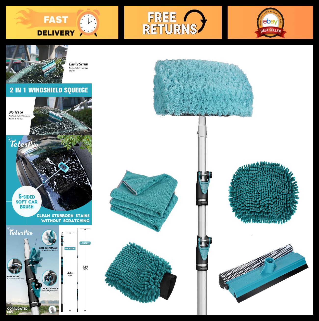 12FT Long Handle Car Wash Brush Kit – Soft Brush, Tire Cleaner, Squeegee, Mitt f