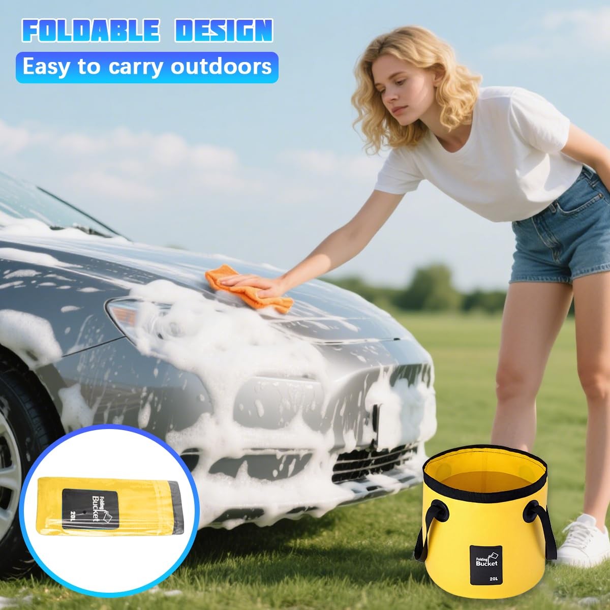 Bittwee 20L 5 Gallon Car Collapsible Bucket with Handle, Outdoor Yellow