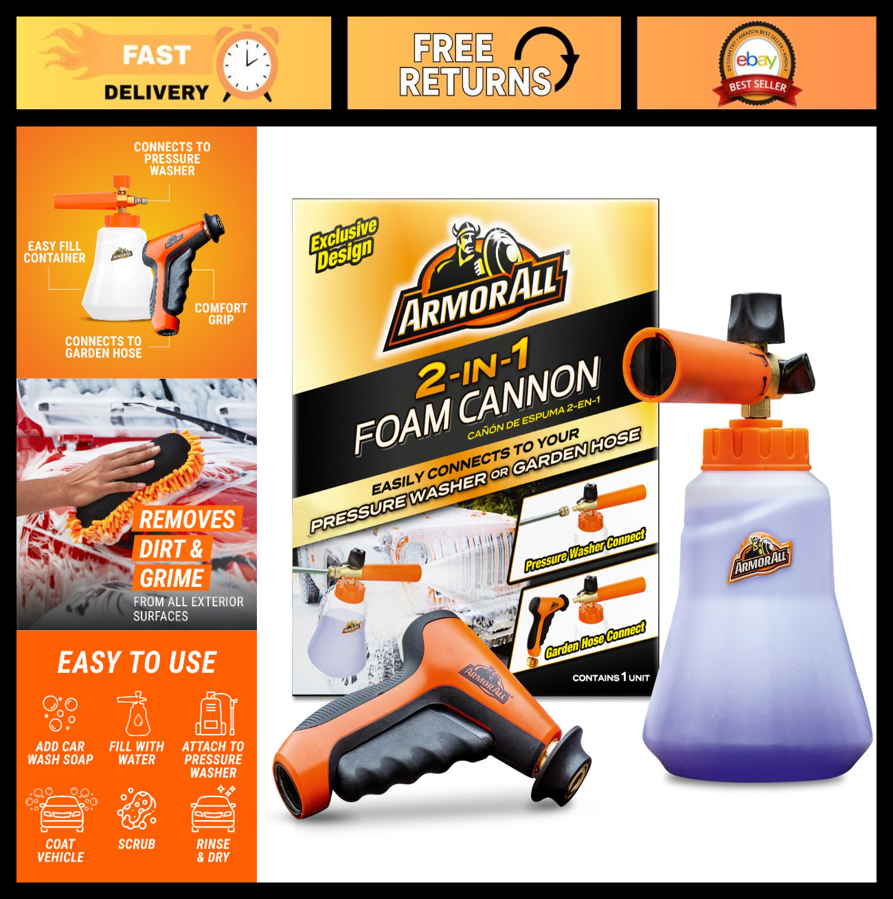 2-in-1 Foam Cannon Kit for Car Wash & Detail Cleaning – Power Washer & Hose Comp